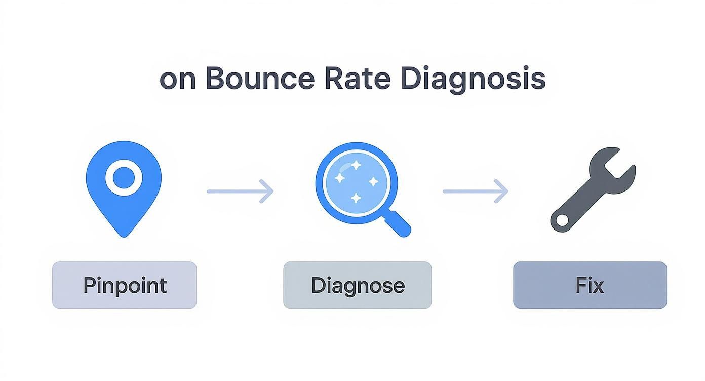 A three-step process for bounce rate diagnosis: pinpoint issues, diagnose problems, and fix them with tools.