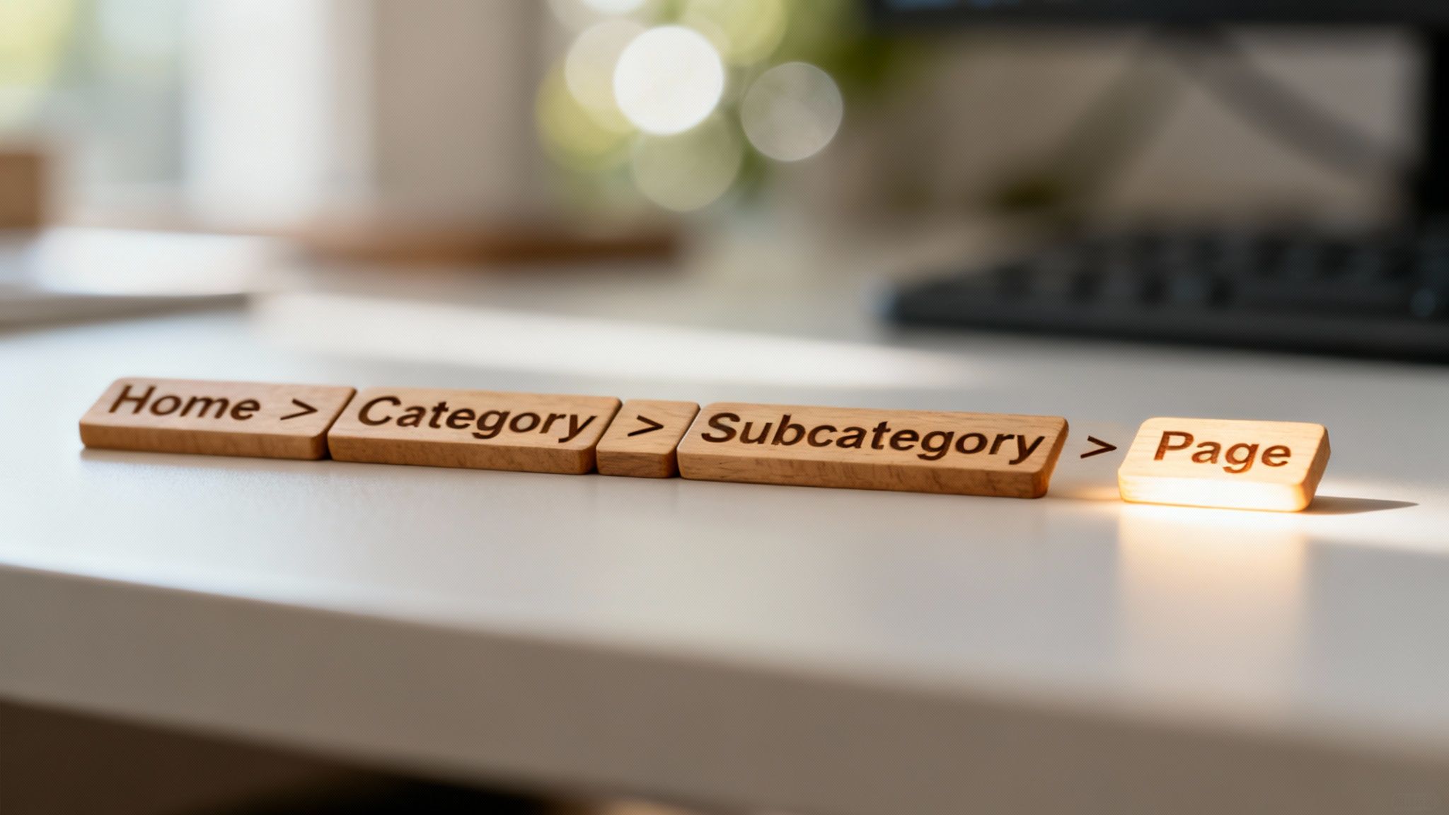 Wooden blocks showing website navigation hierarchy from home through category and subcategory to page