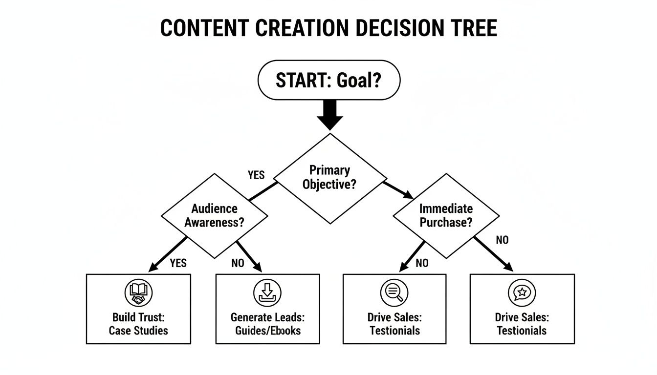 A content creation decision tree showing content types based on marketing goals and objectives.