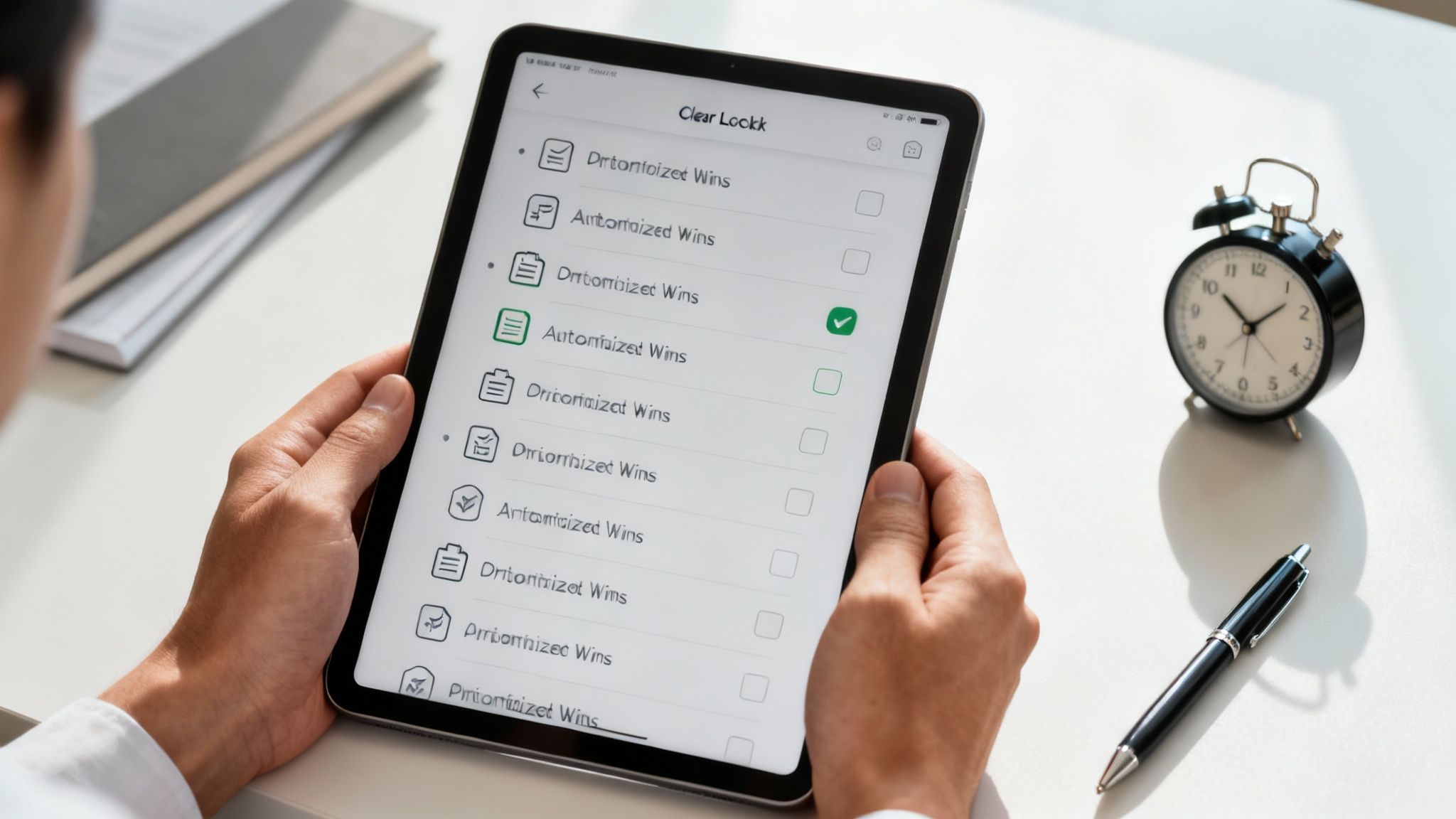 Person holding a tablet displaying a checklist app with one item checked, an alarm clock on the desk.