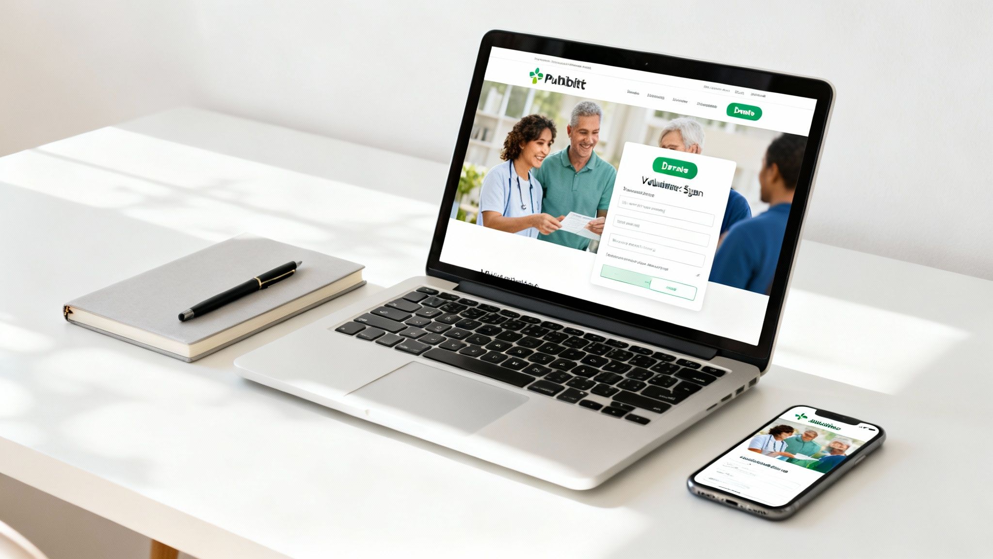 Laptop and smartphone display a healthcare volunteering website with a donation form on a clean desk.