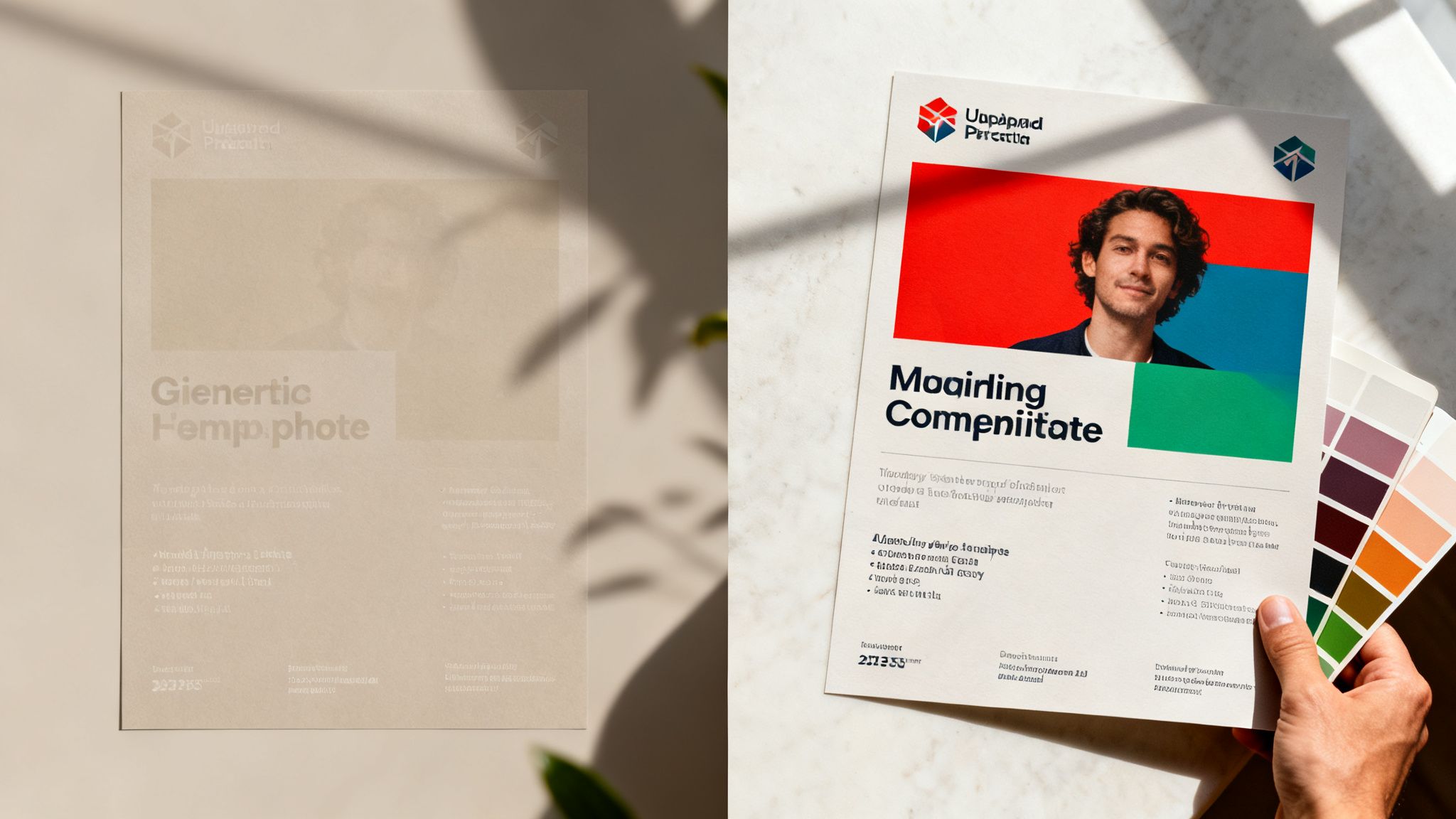 Two marketing brochures with design elements, including a man's portrait, and a hand holding a color palette.