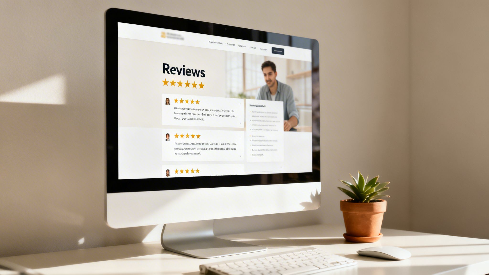 Computer screen displaying customer reviews and ratings, with a keyboard, mouse, and potted plant on a desk.