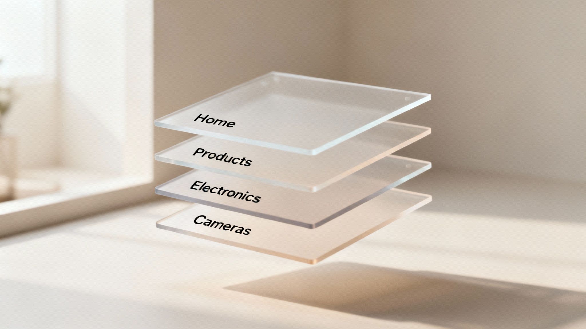 Stacked transparent layers showing website navigation hierarchy from home to products, electronics, and cameras