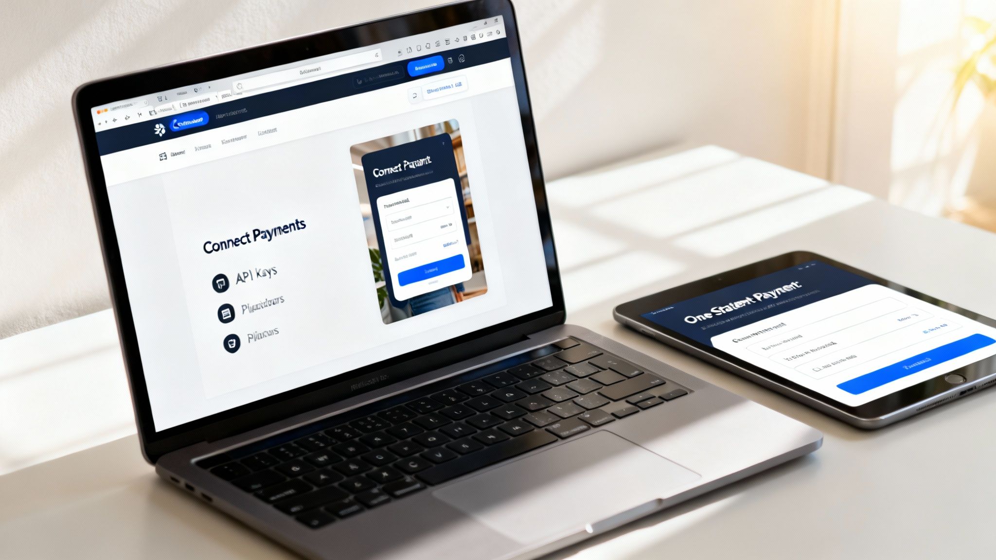 A laptop and a tablet displaying interfaces for managing and setting up digital payments.