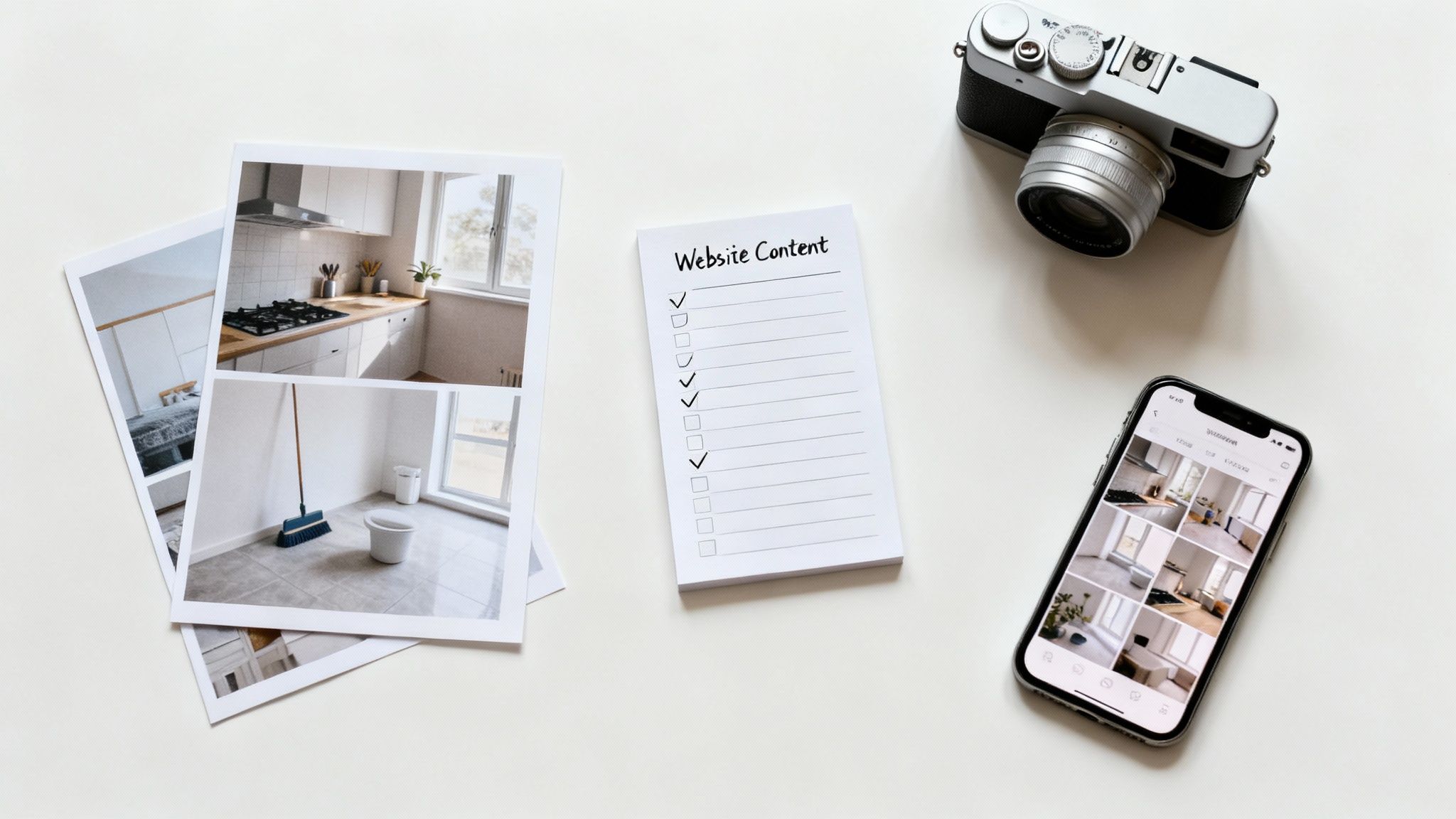 A person gathering photos, text documents, and a logo on a desk, representing the content collection process for a website.