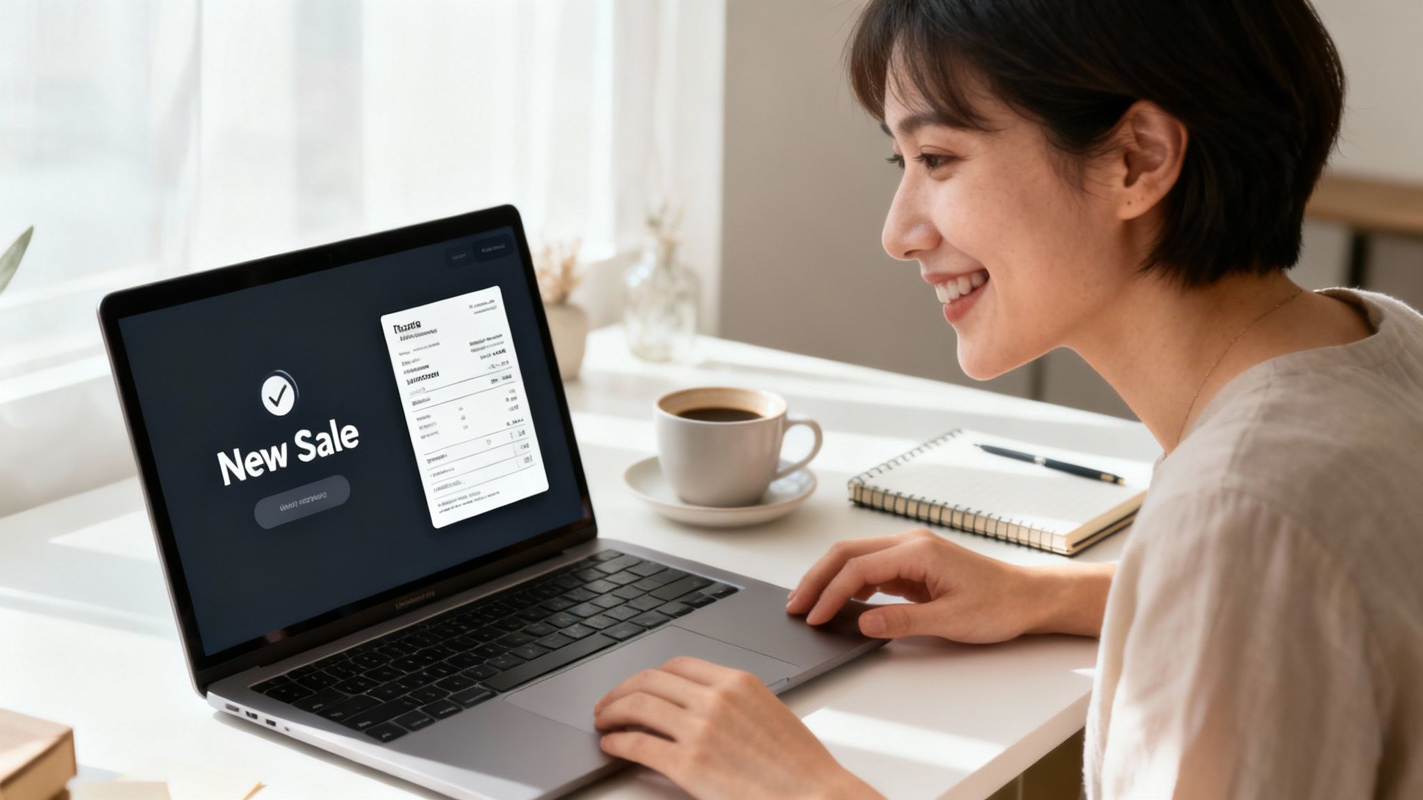 Smiling Asian woman successfully processes a new sale on her laptop, working at a bright desk.