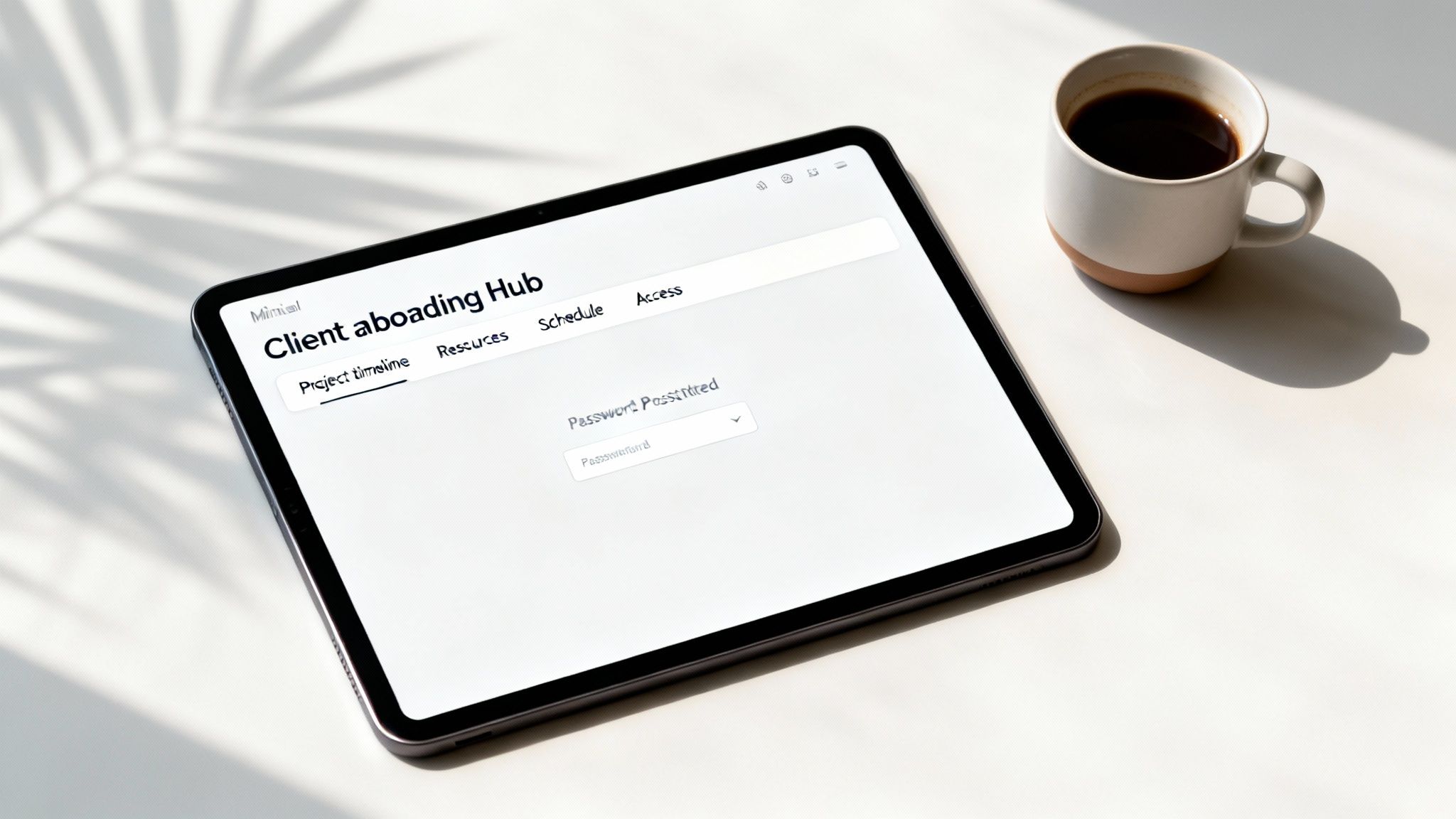 A tablet displaying a 'Client Onboarding Hub' interface with a coffee mug on a bright desk.