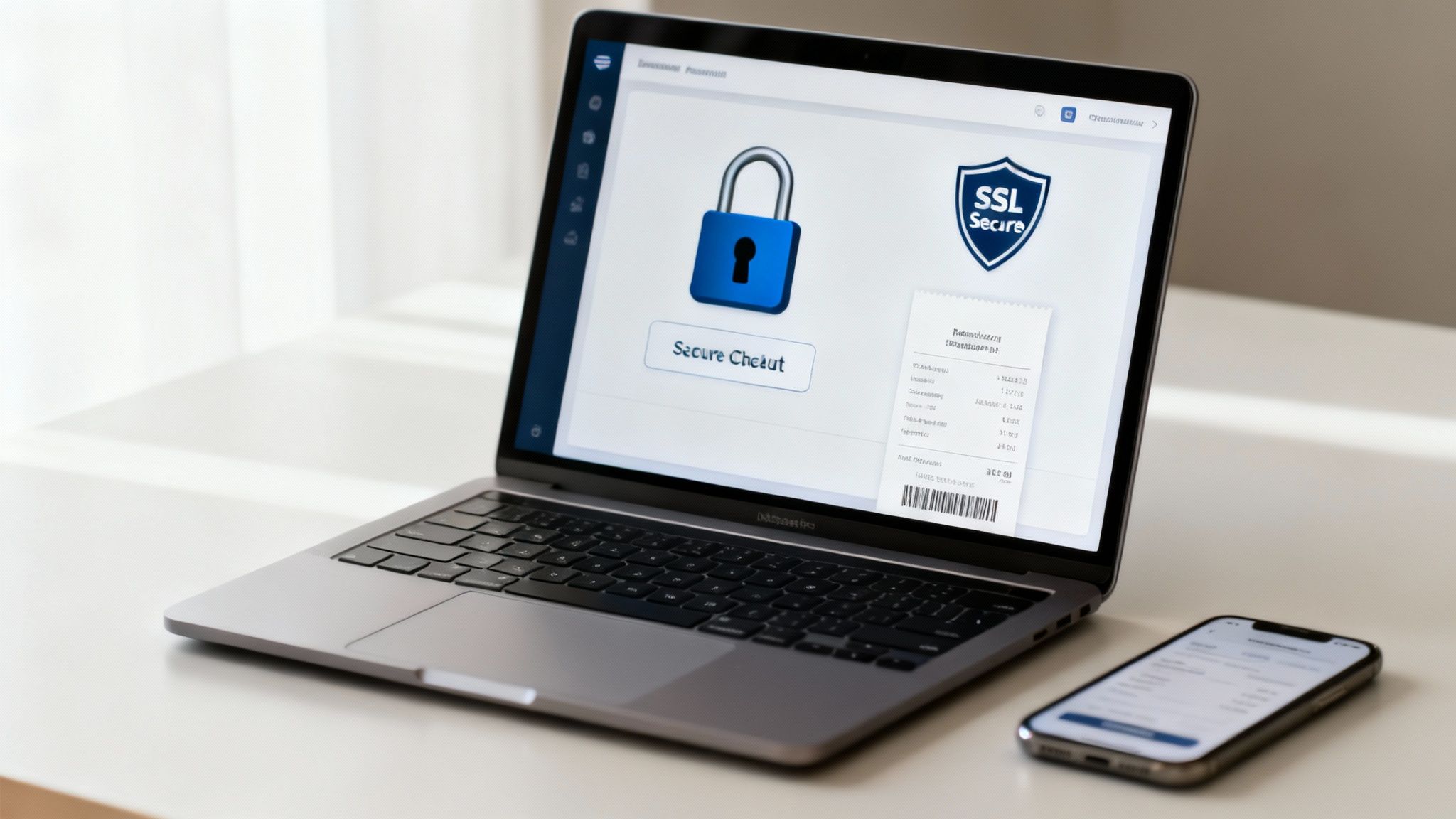 A laptop displays a secure online payment page, featuring a blue padlock and an SSL Secure emblem.