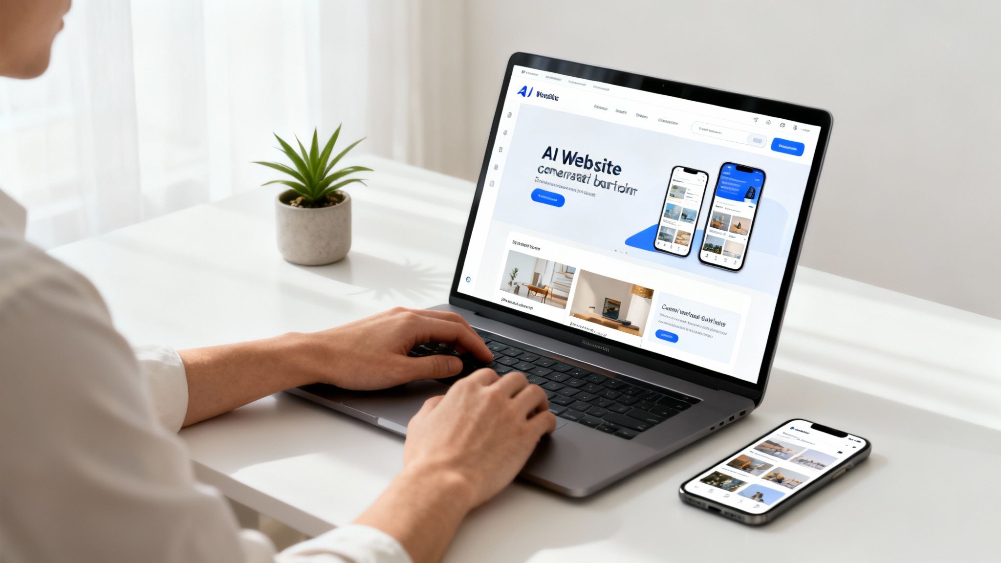 Person working on a laptop showcasing an AI website, with a smartphone and a plant on a clean white desk.
