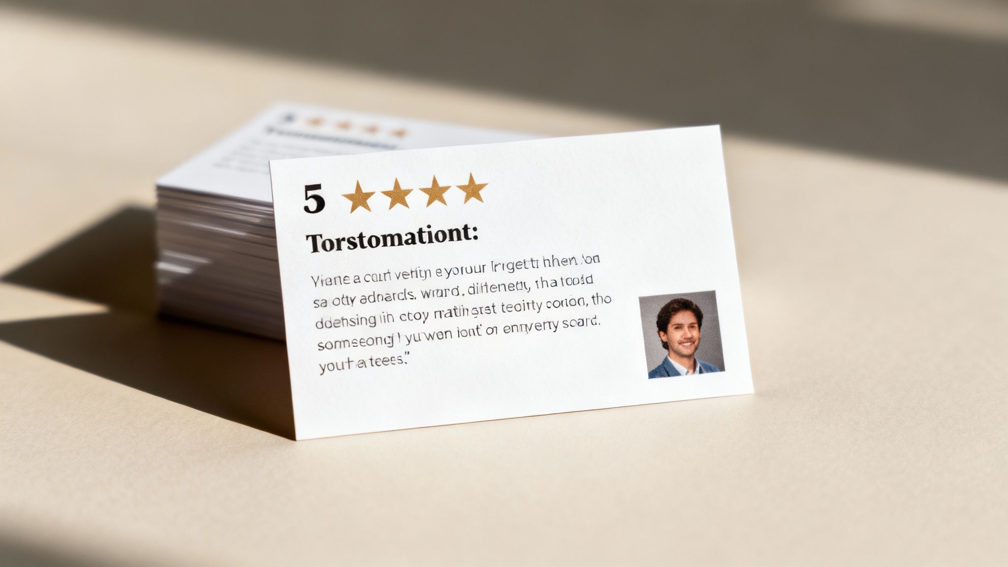 A white review card displaying five stars, placeholder text, and a man's profile photo.