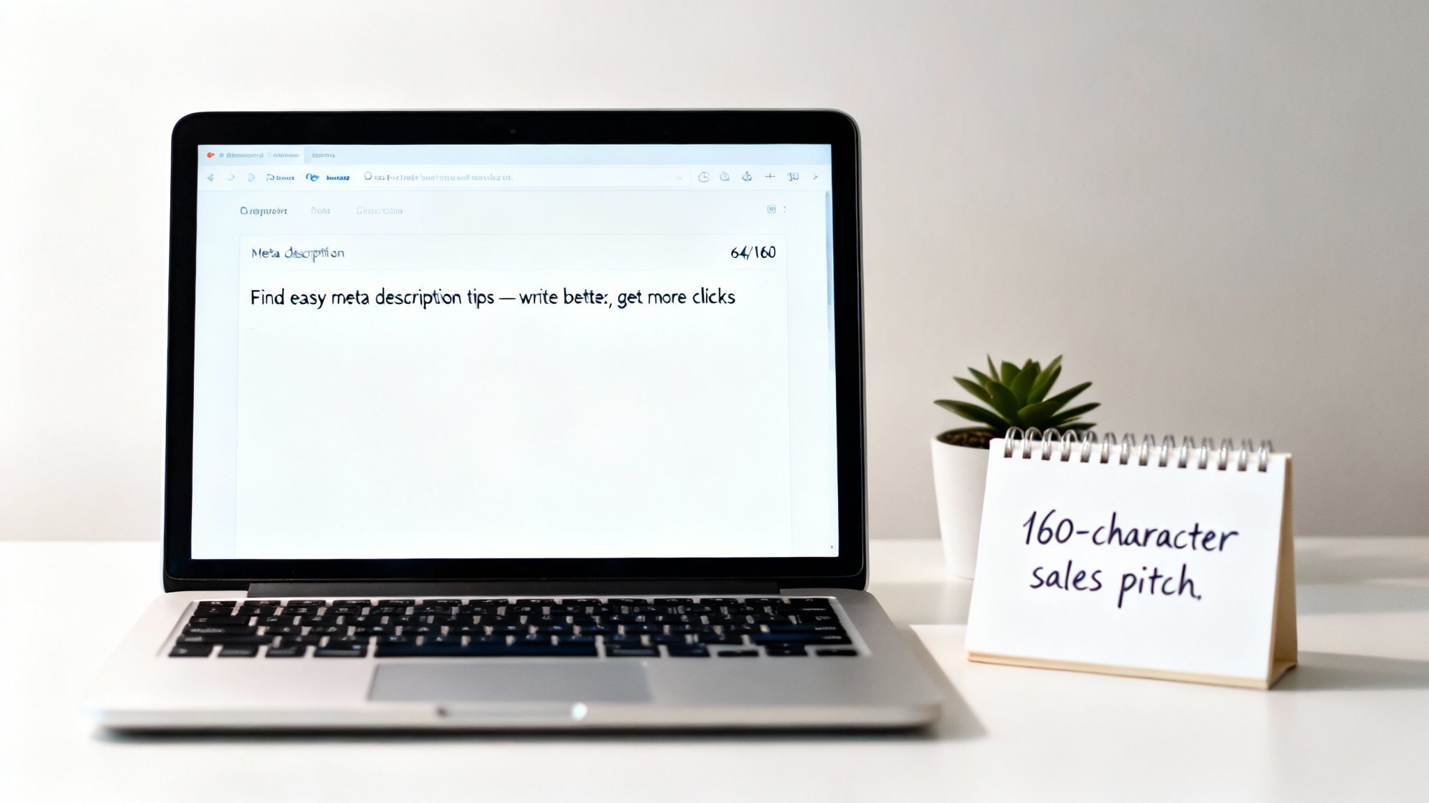 A laptop screen displaying a meta description being written, next to a notepad with '160-character sales pitch' written on it.