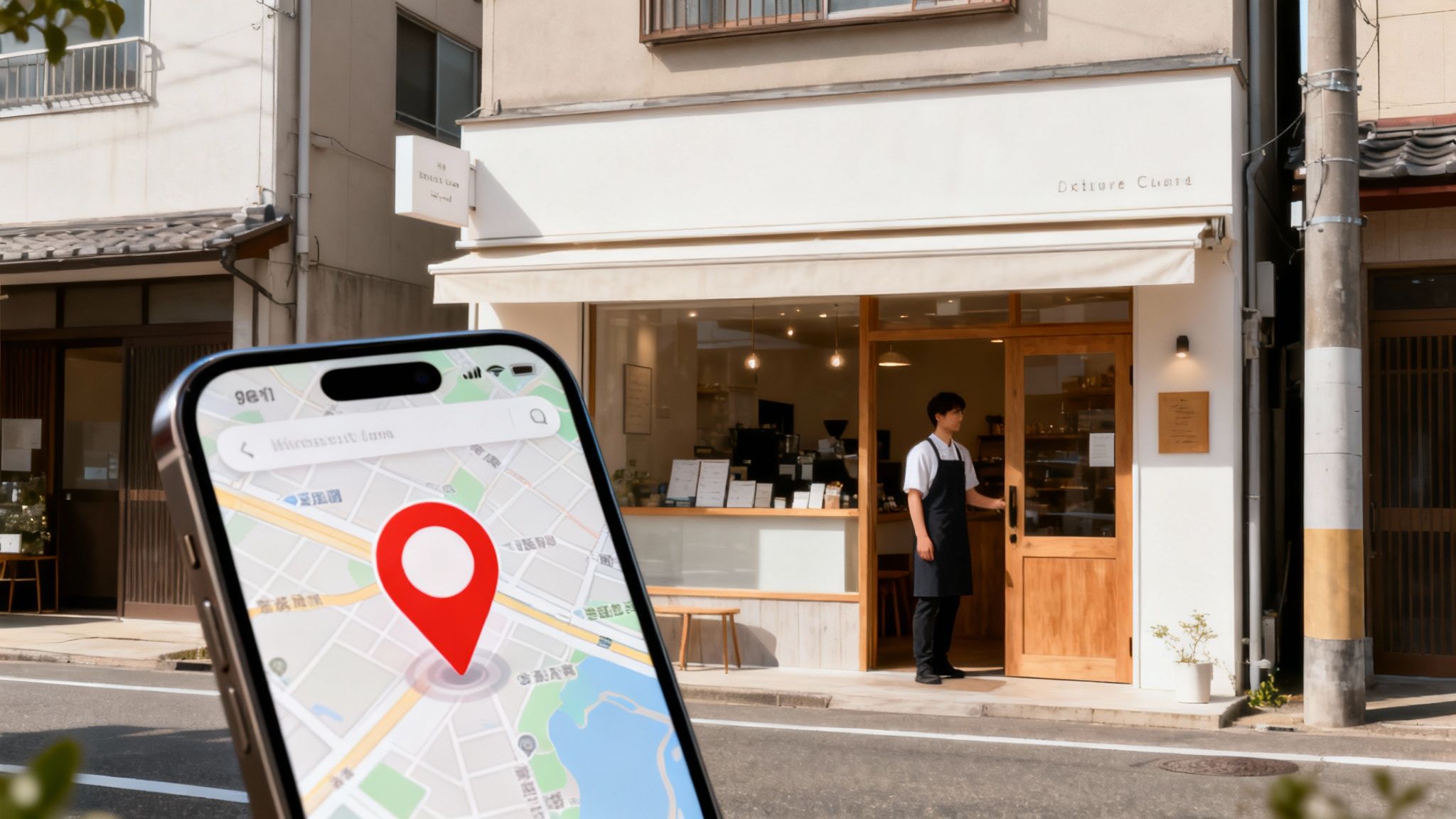 Smartphone with map showing a red pin, highlighting a shop with a person in the doorway.