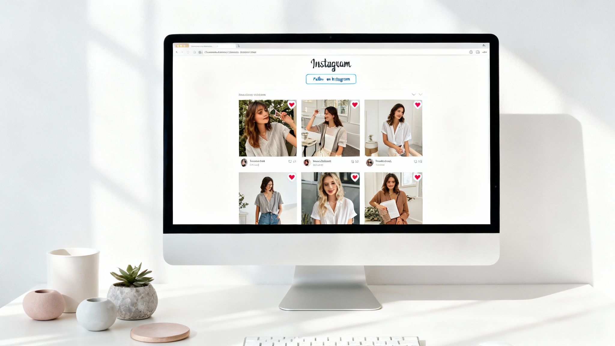 A desktop computer displays an Instagram feed with various fashion posts on a bright, minimalist white desk.