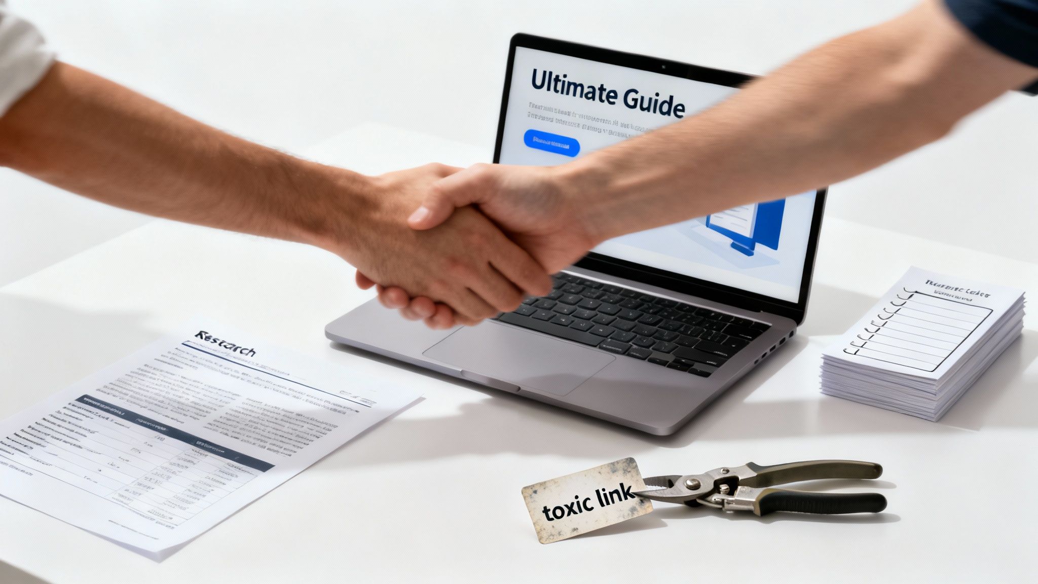 Two people shake hands over a laptop displaying 'Ultimate Guide', with a 'toxic link' tag next to pliers.