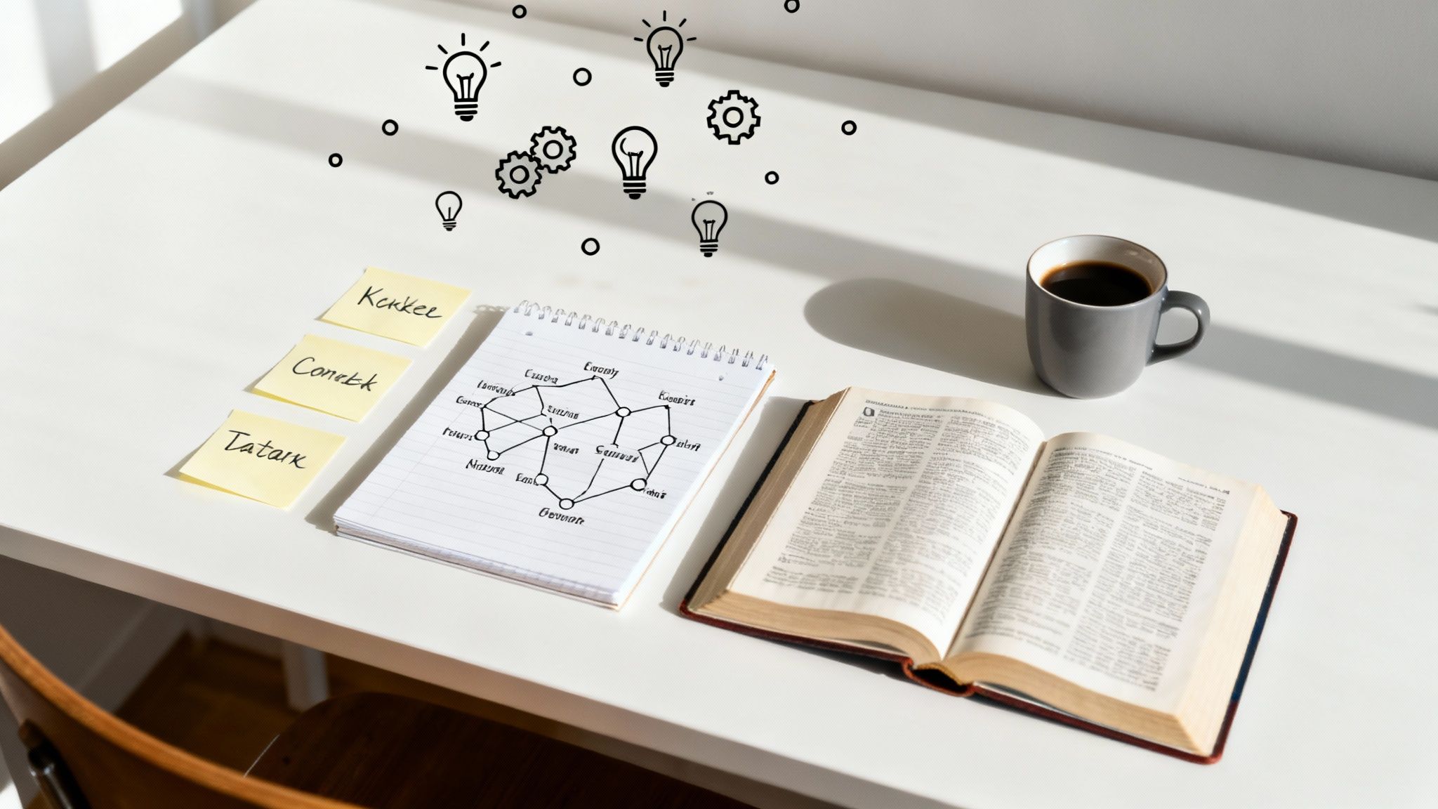 A person brainstorming domain name ideas with sticky notes and a laptop.