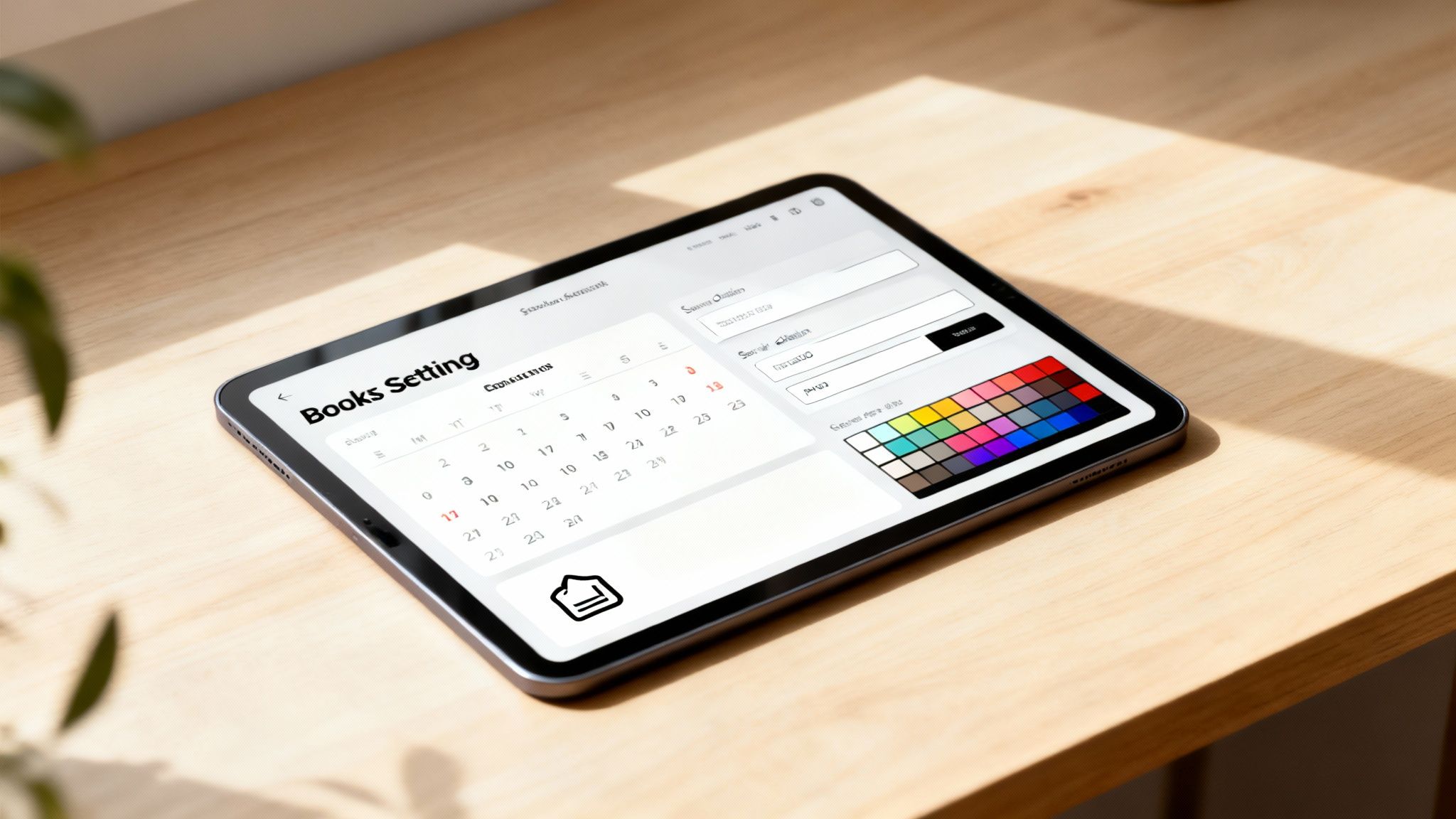 A designer's desk with a laptop showing a website's color palette and font options, with a logo on the screen.