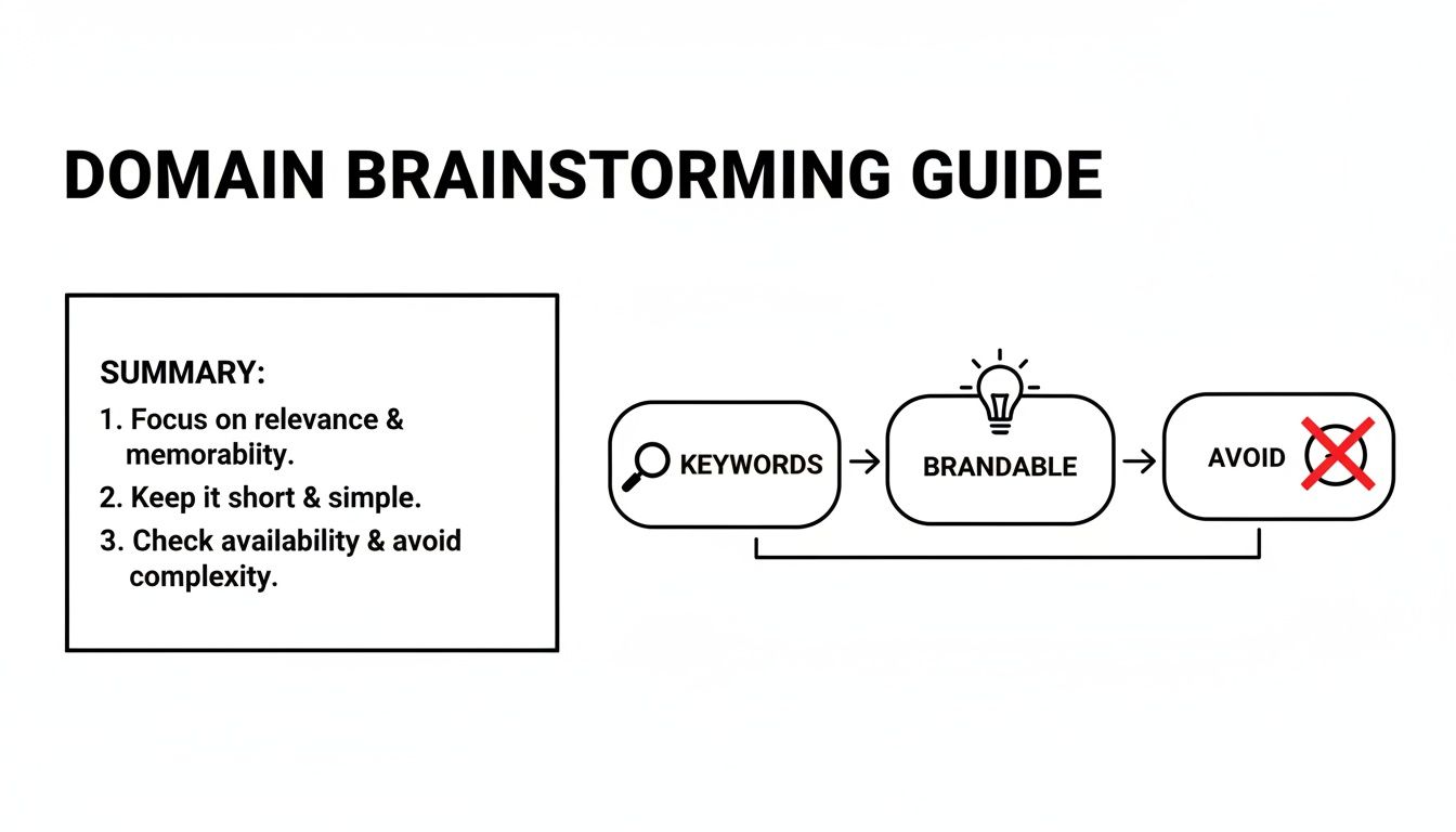 Domain brainstorming guide with summary tips and a visual process for finding brandable names from keywords, avoiding complexity.