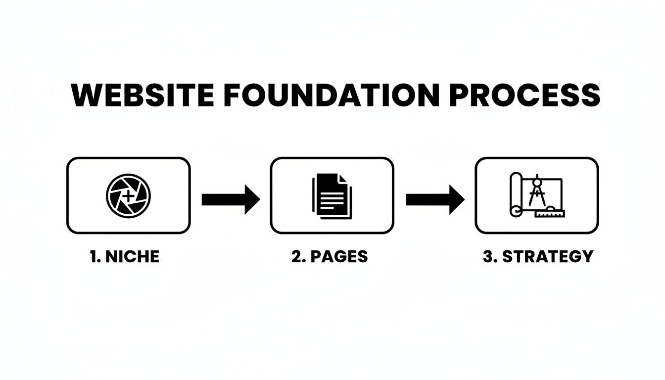 Flowchart illustrating the website foundation process with steps for niche, pages, and strategy.