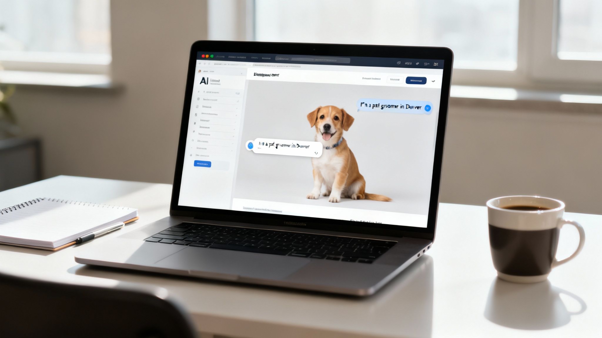 A laptop on a white desk displays an AI chat interface with a dog, a notebook, and a coffee cup.