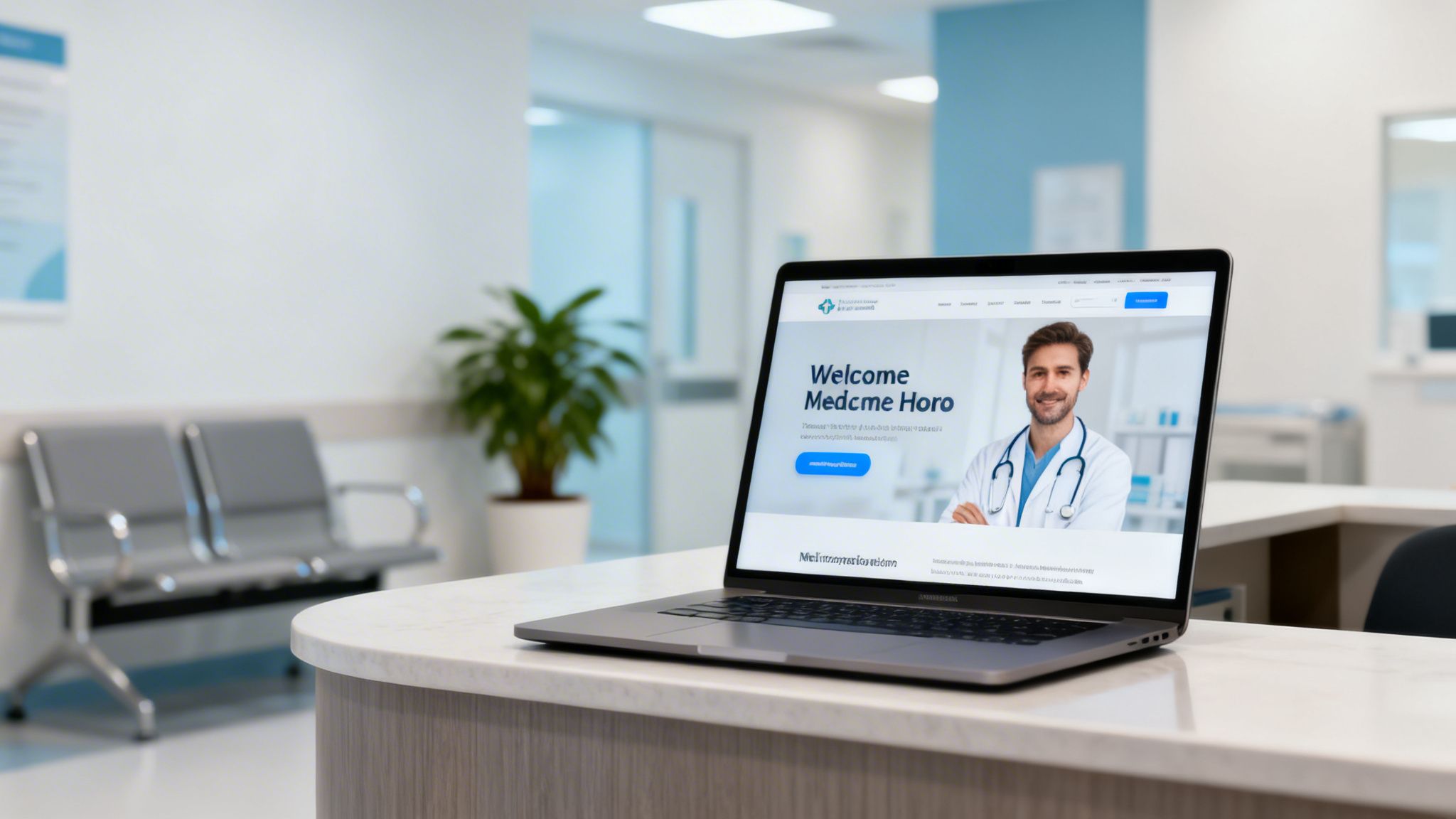 A laptop on a clinic desk displays a medical practice website with a smiling doctor.