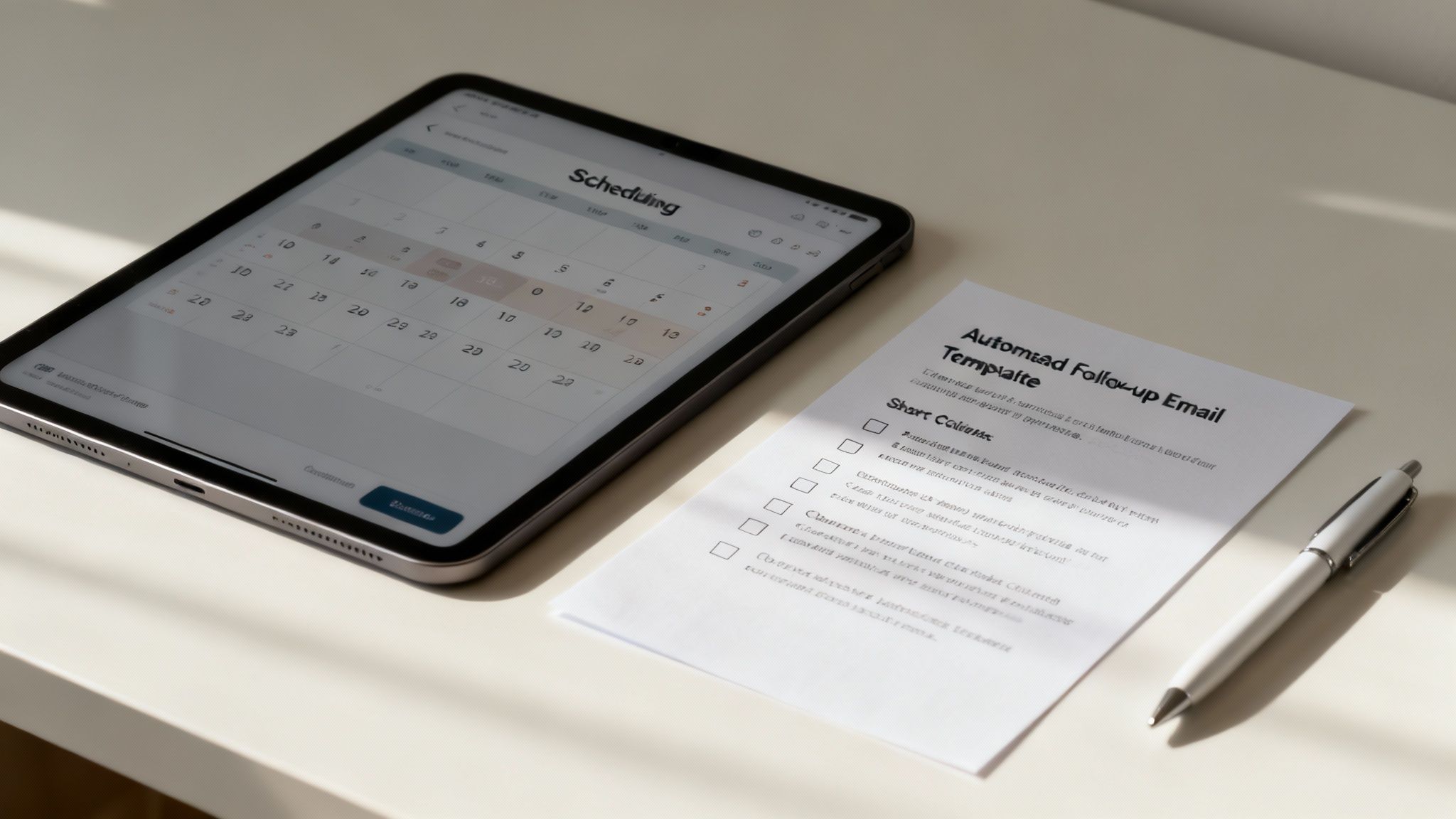 Tablet displaying scheduling calendar beside automated follow-up email template checklist and pen on white desk