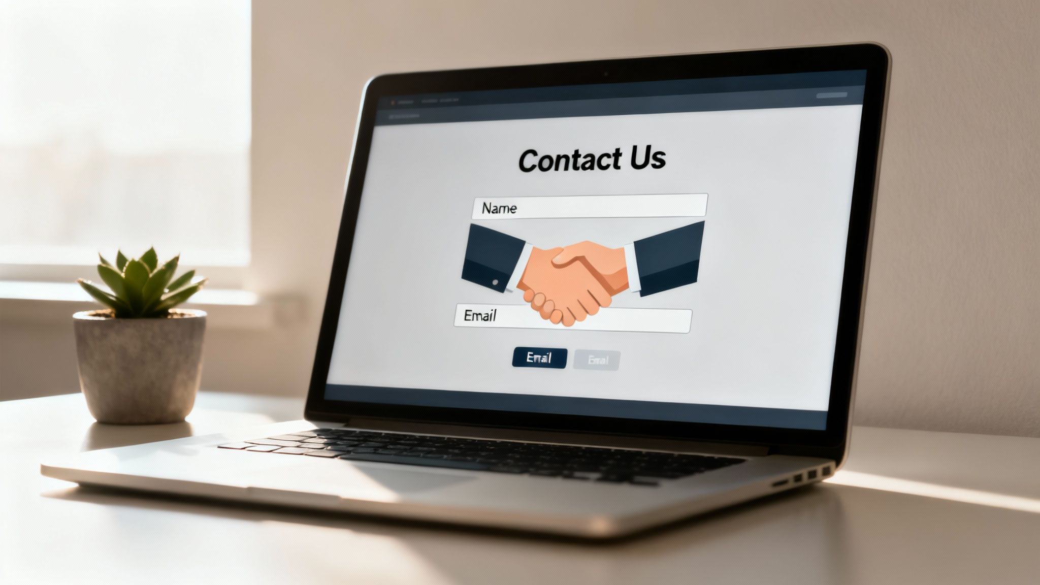 A laptop displays a 'Contact Us' form with name and email fields and a handshake illustration.