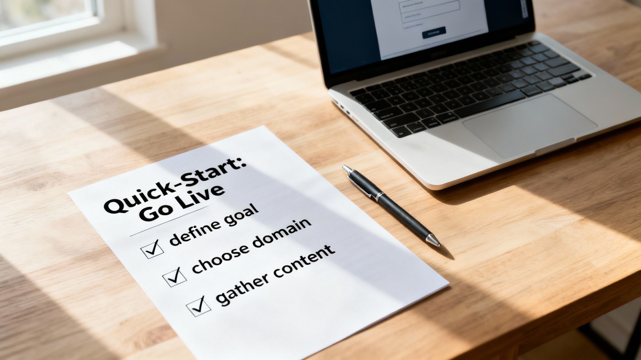 A checklist titled 'Quick-Start: Go Live' with steps checked, on a desk with a laptop and pen.