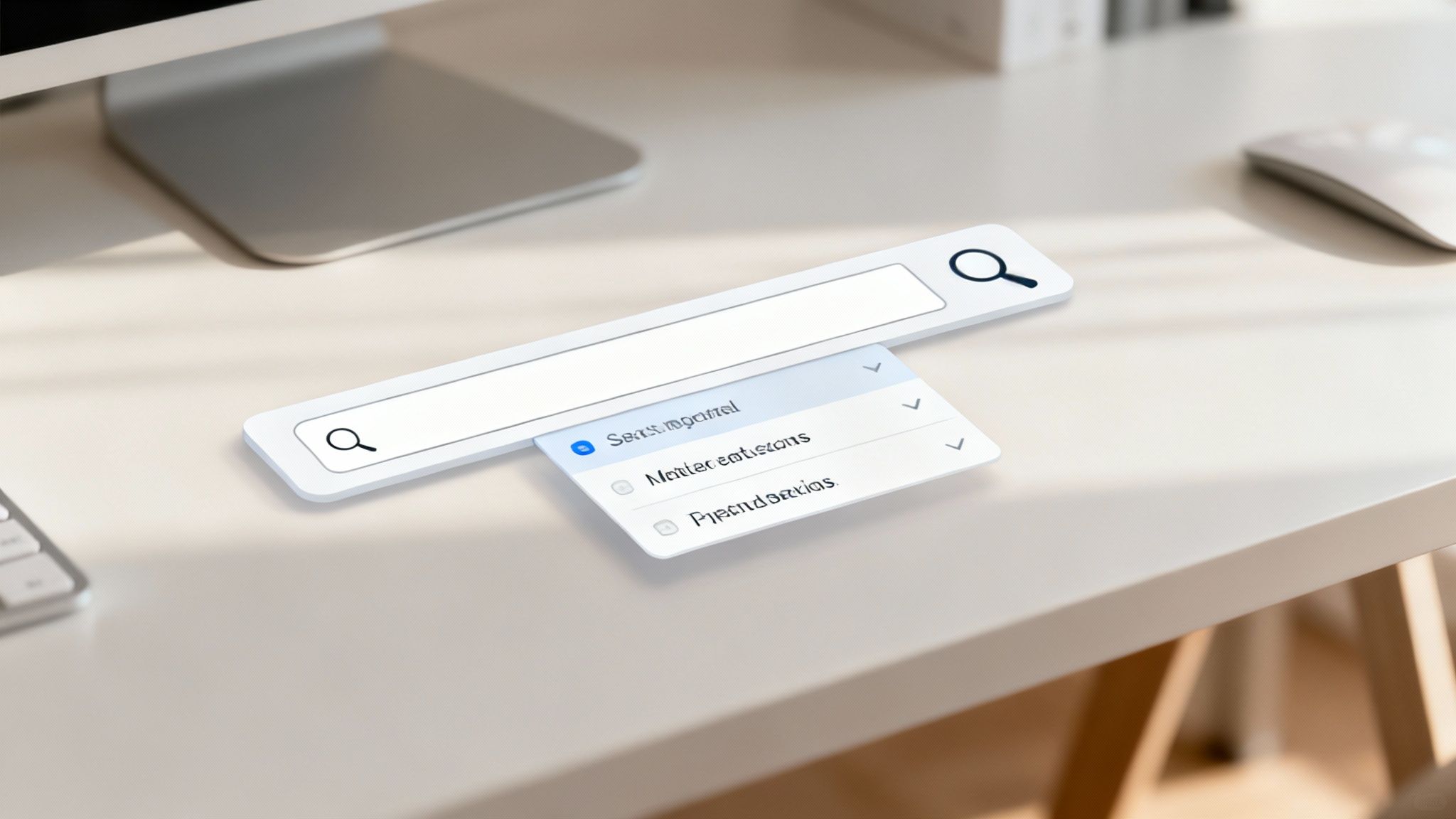 Modern search bar interface displaying dropdown menu with autocomplete suggestions on minimalist desk workspace