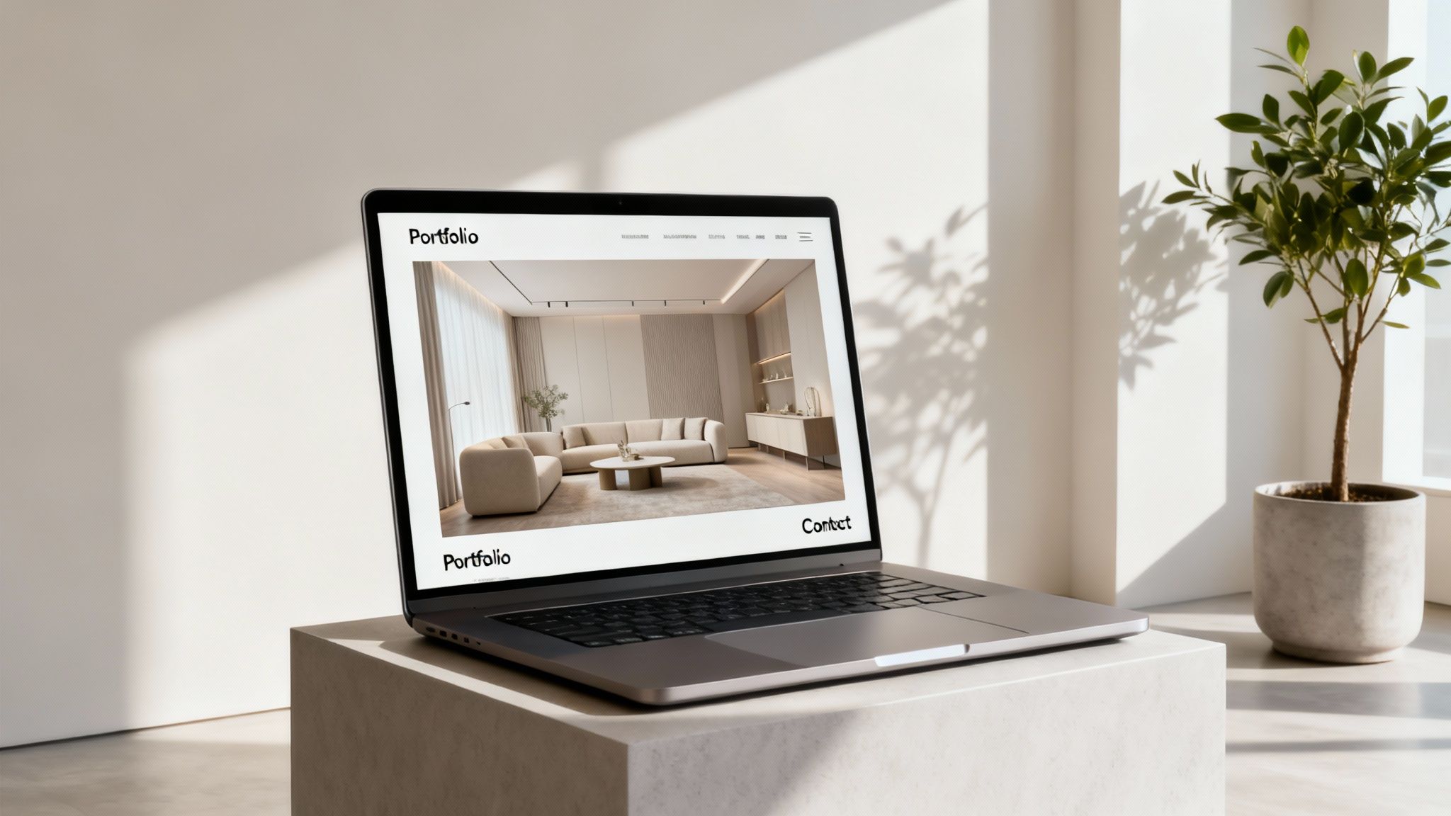 A laptop displaying a modern interior design portfolio website on a light surface with a plant.