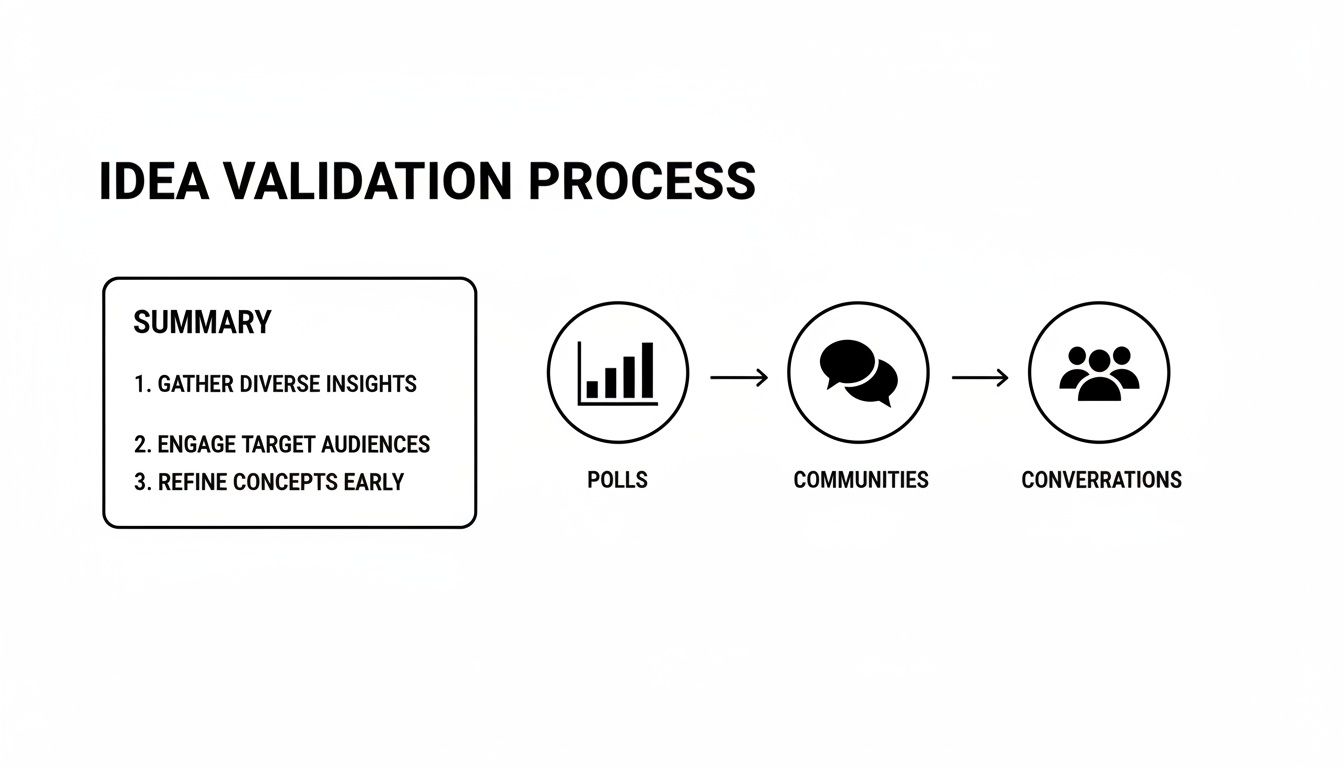 Idea validation process with steps: gather insights, engage audiences, refine concepts, using polls, communities, and conversations.