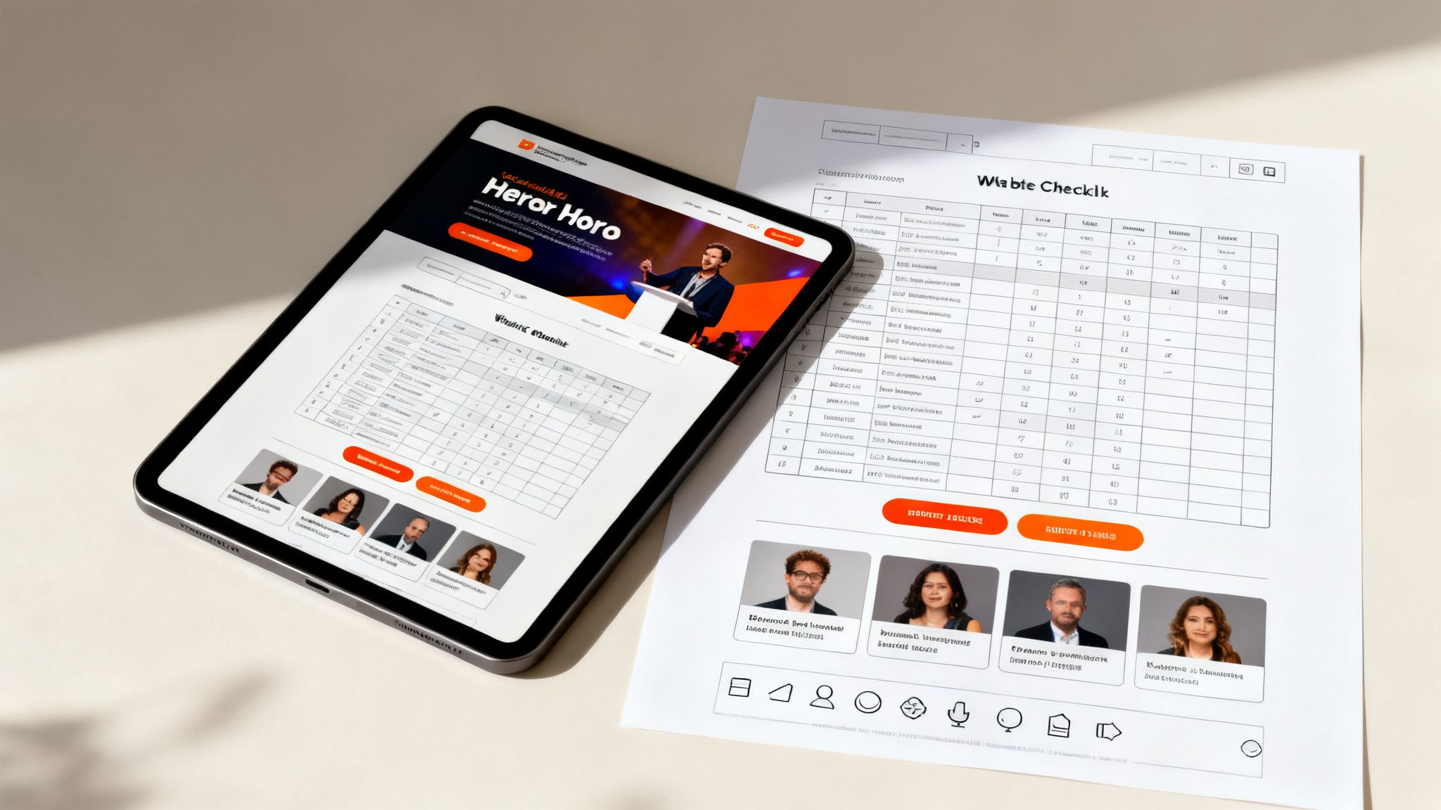 Event planning website on a tablet and a matching checklist document on a desk.