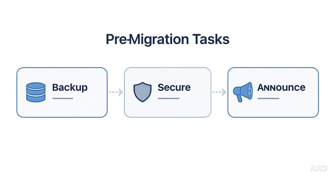 Infographic showing the pre-migration process flow with icons for backup, security, and announcement.