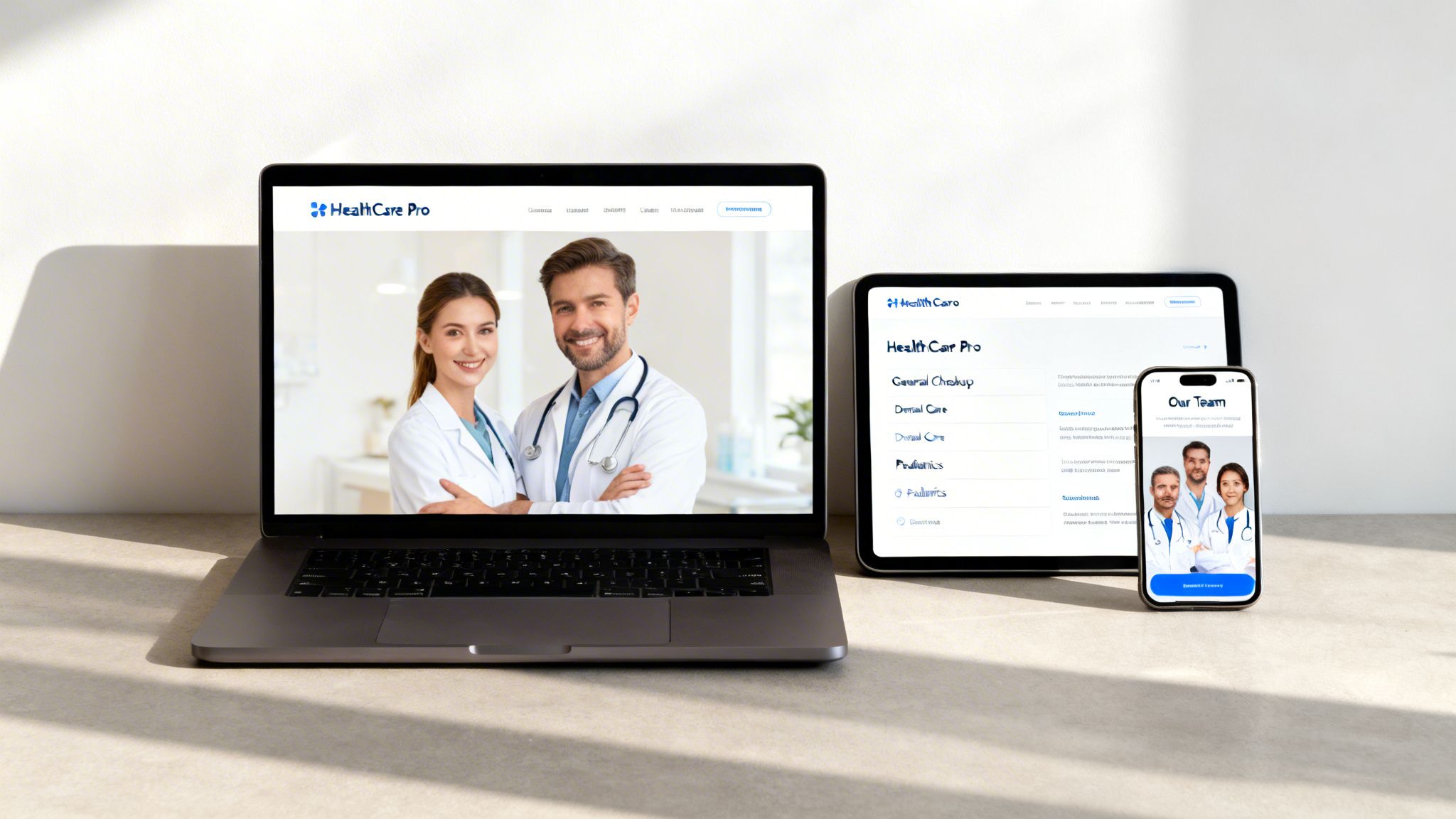 A laptop, tablet, and smartphone showcasing the 'HealthCare Pro' medical practice website and app.