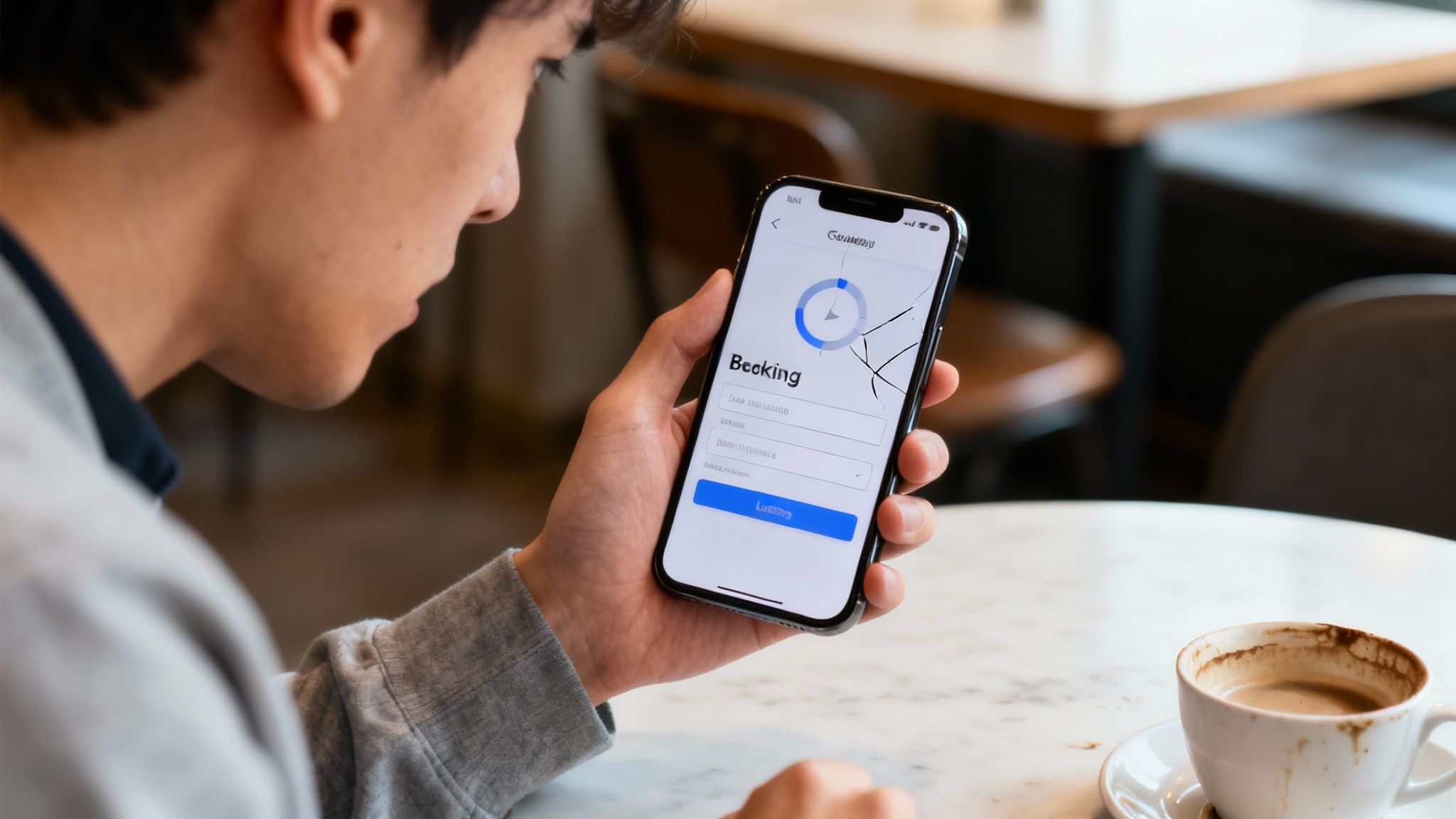 A person holds a smartphone with a cracked screen displaying a booking application in a cafe.