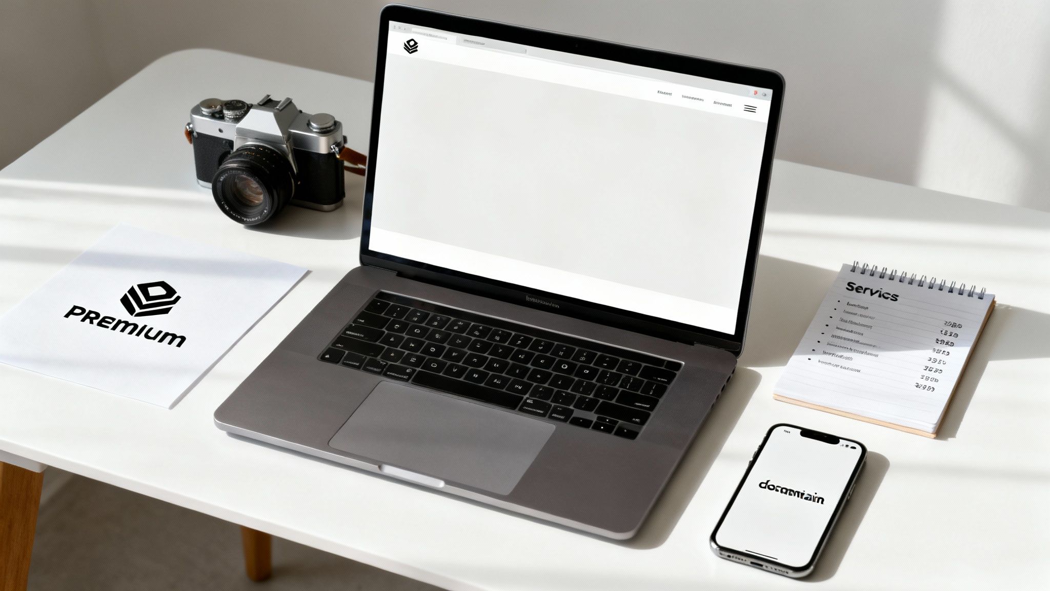 A checklist of business assets on a clipboard, next to a laptop displaying a website layout.