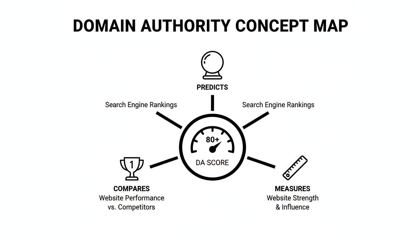 Domain Authority concept map showing how DA score predicts search rankings, compares performance, and measures website strength.
