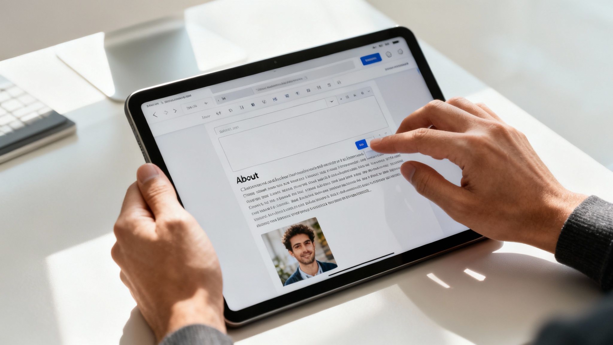 Person's hands editing a website 'About' section on a tablet with a profile picture.