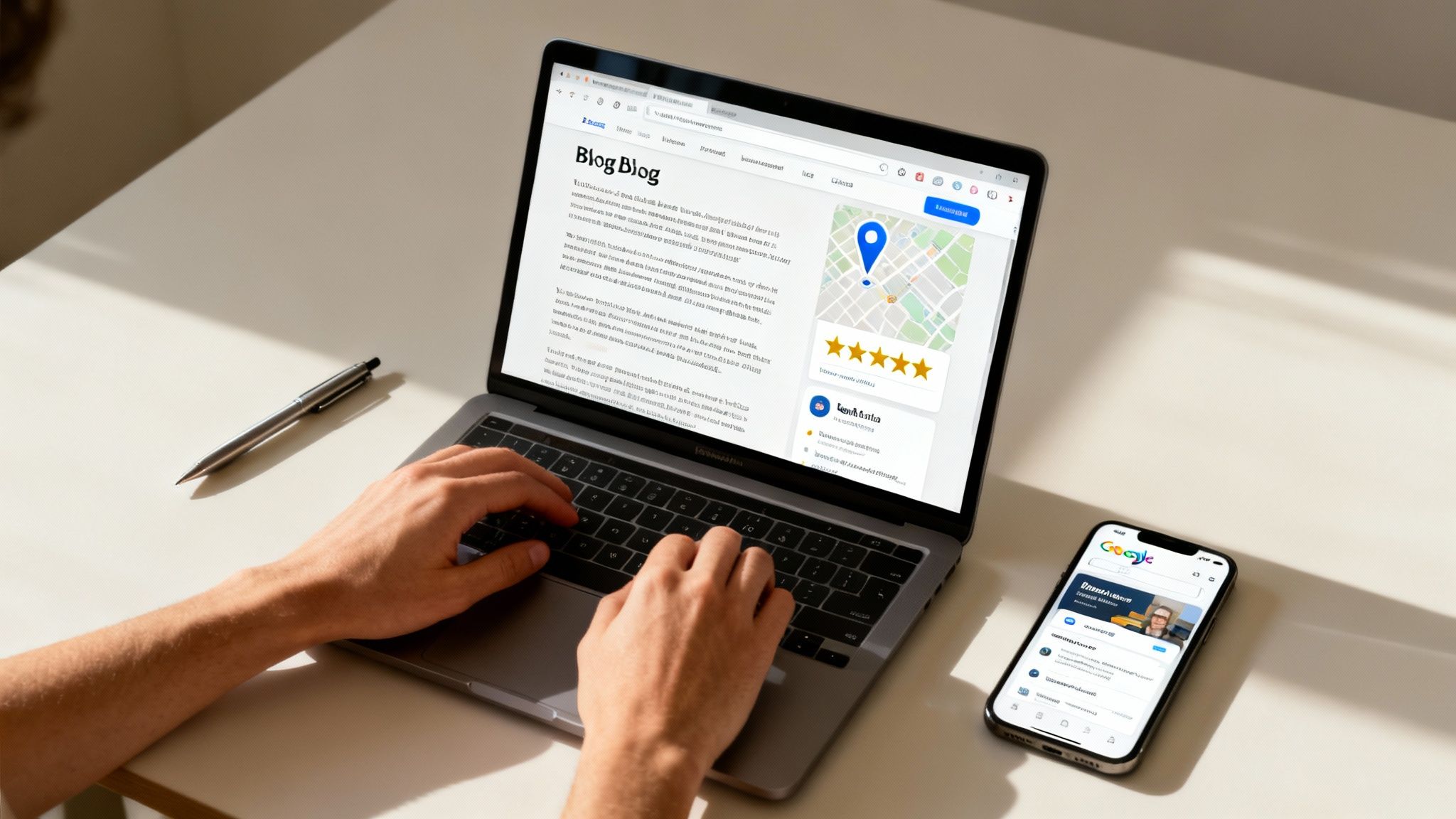 Person using laptop displaying blog with map, reviews, and Google Business Profile on phone