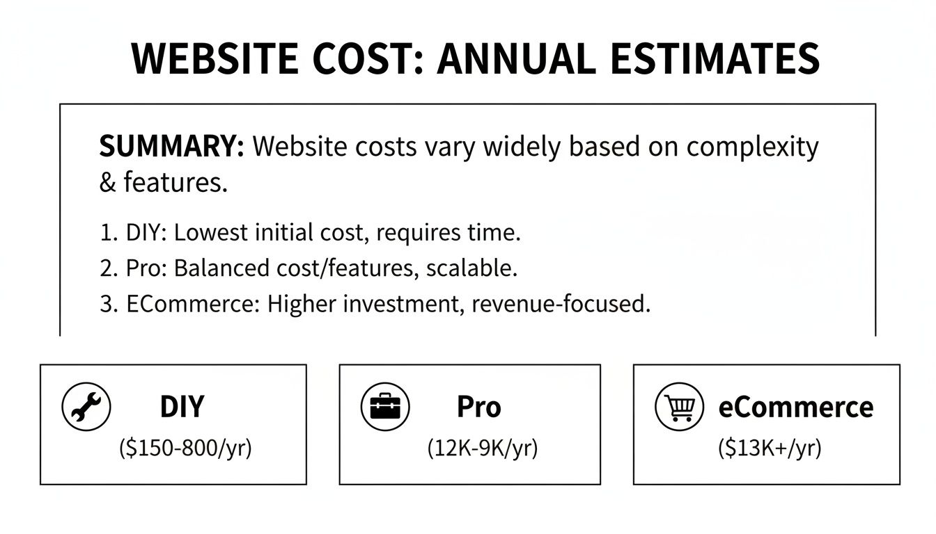 An infographic showing annual website cost estimates for DIY, Pro, and eCommerce solutions, detailing pricing based on complexity and features.
