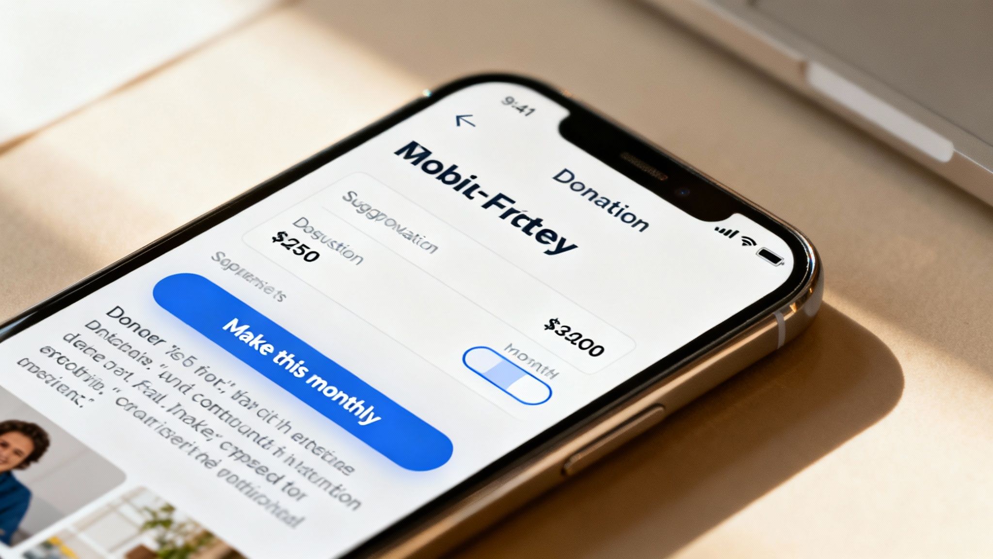 Close-up of a smartphone displaying a donation app with "$250" and a monthly donation option.