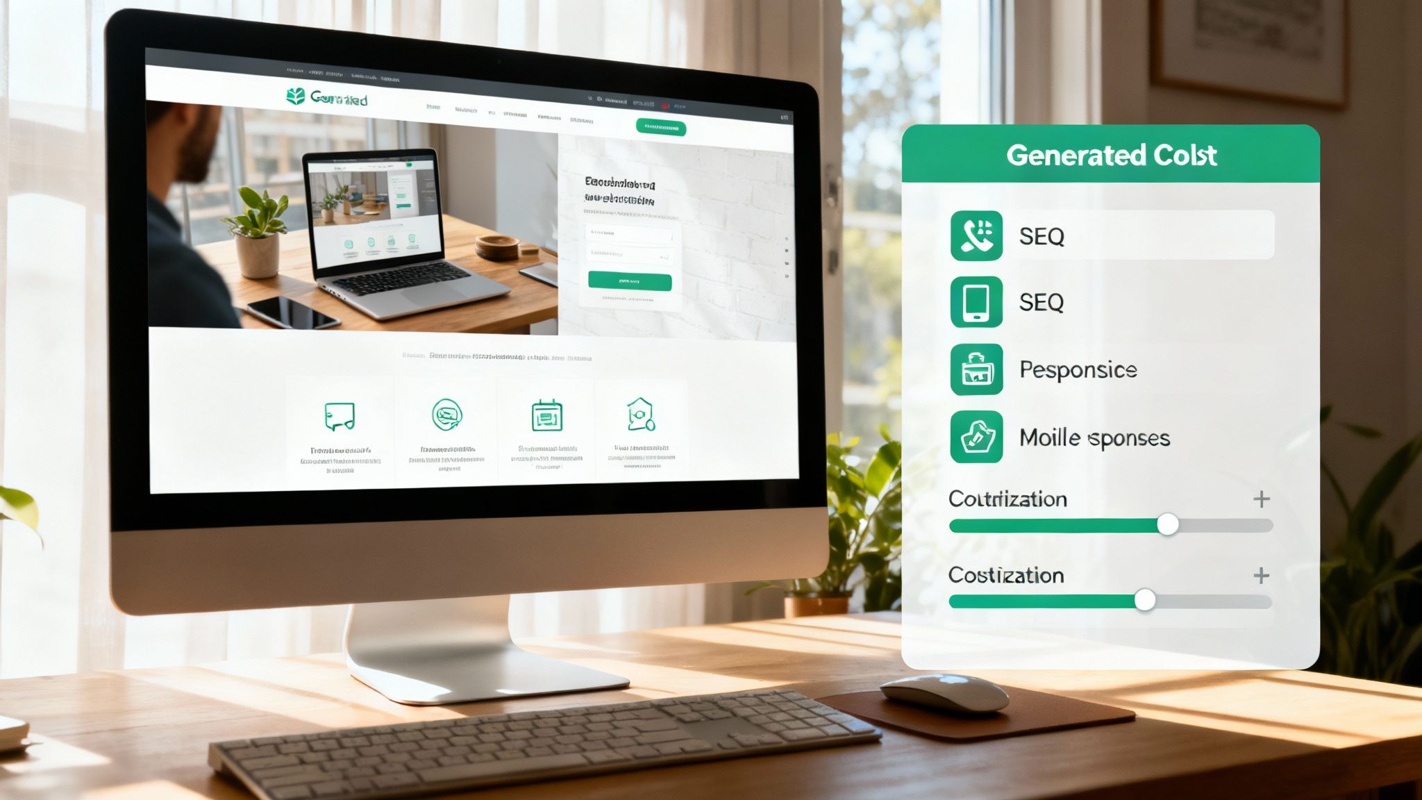 A checklist on a clipboard with icons representing website features like icons representing website features like SEO and mobile responsiveness.