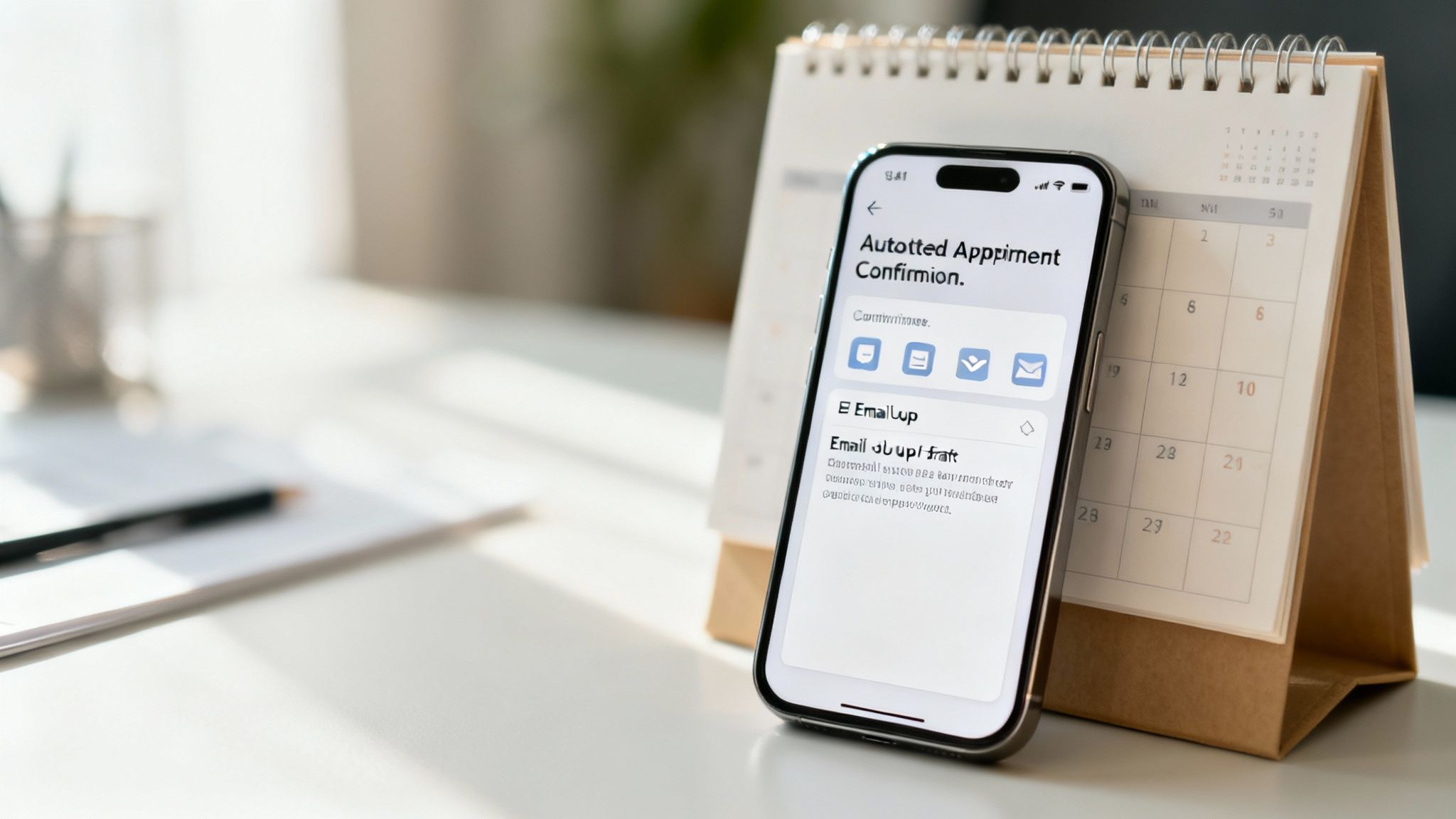 A smartphone displays an appointment confirmation next to a desk calendar on a sunlit white table.