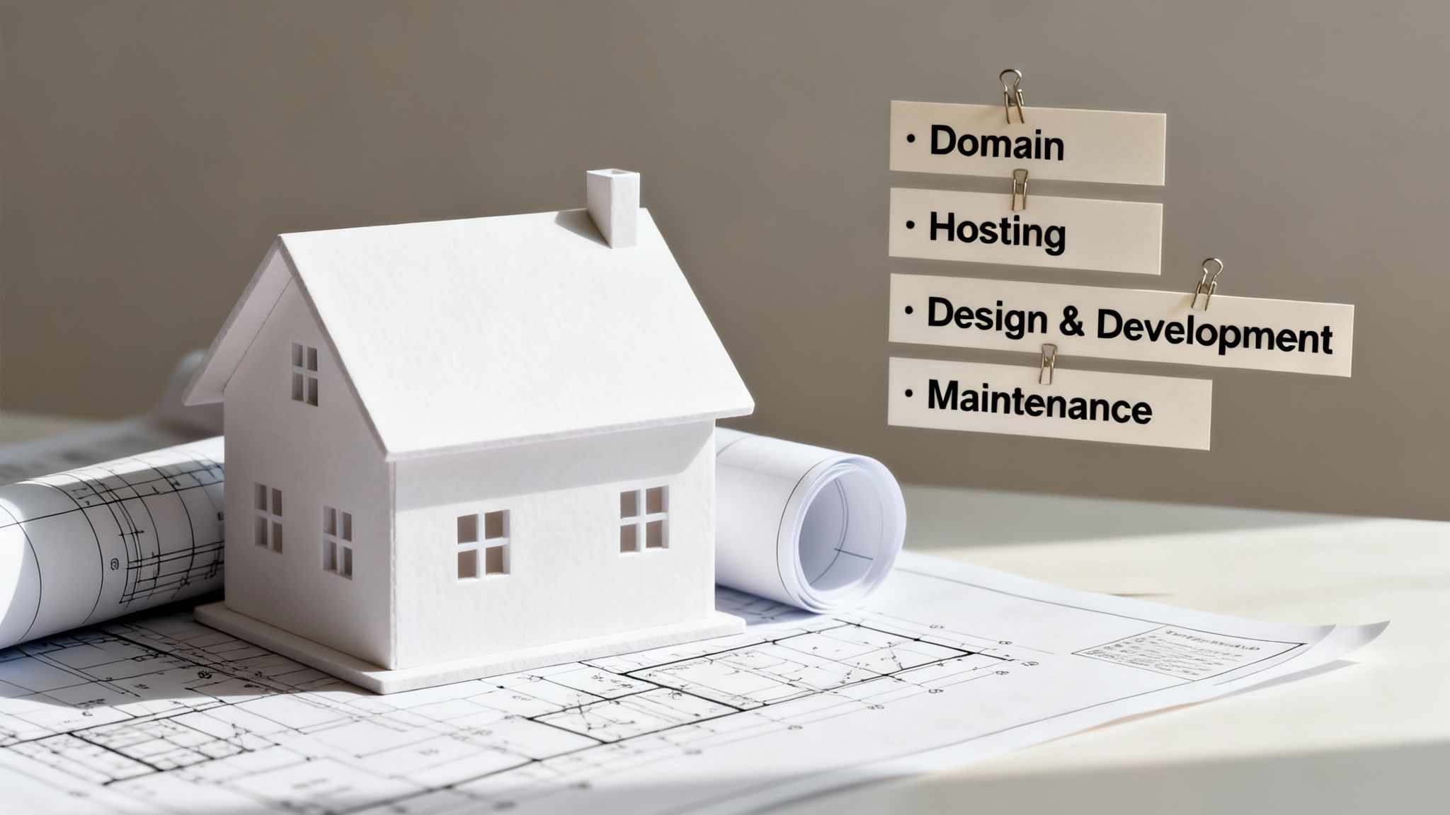 A model house on blueprints next to a list of website services: Domain, Hosting, Design & Development, Maintenance.