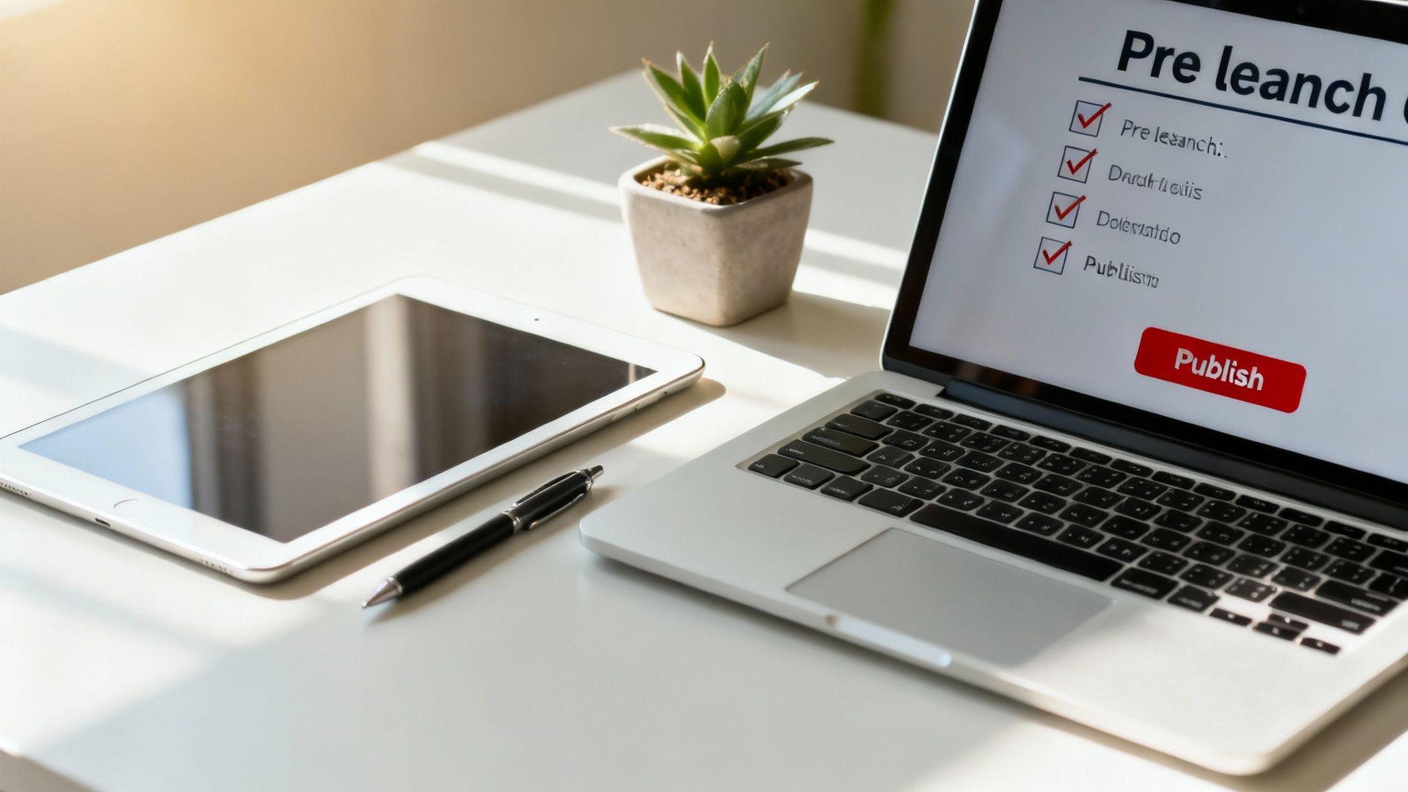 A laptop displaying a pre-launch checklist with all items checked, alongside a tablet, pen, and plant on a white desk.