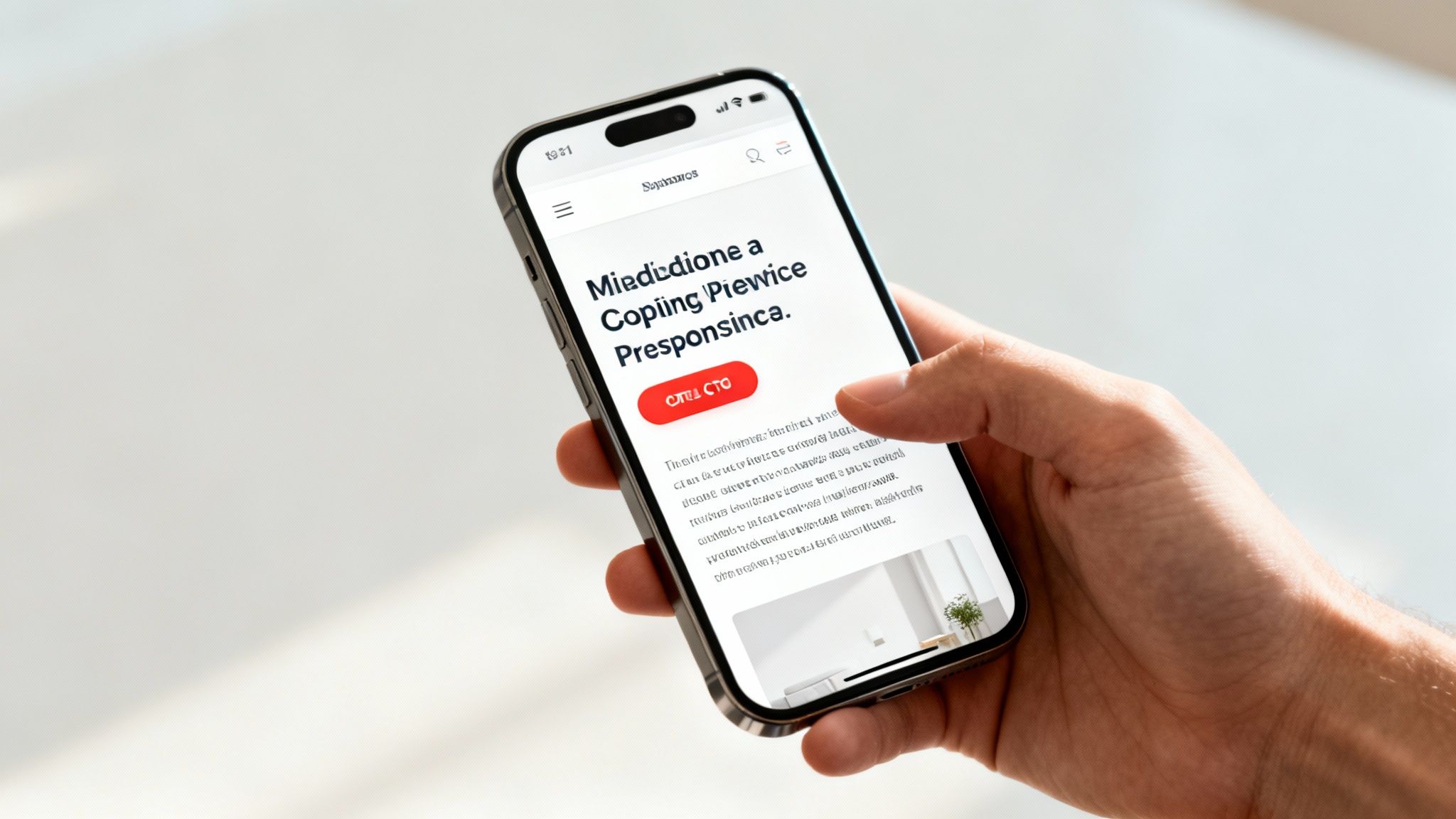 A hand holds an iPhone displaying a website with a large headline and a red call-to-action button.
