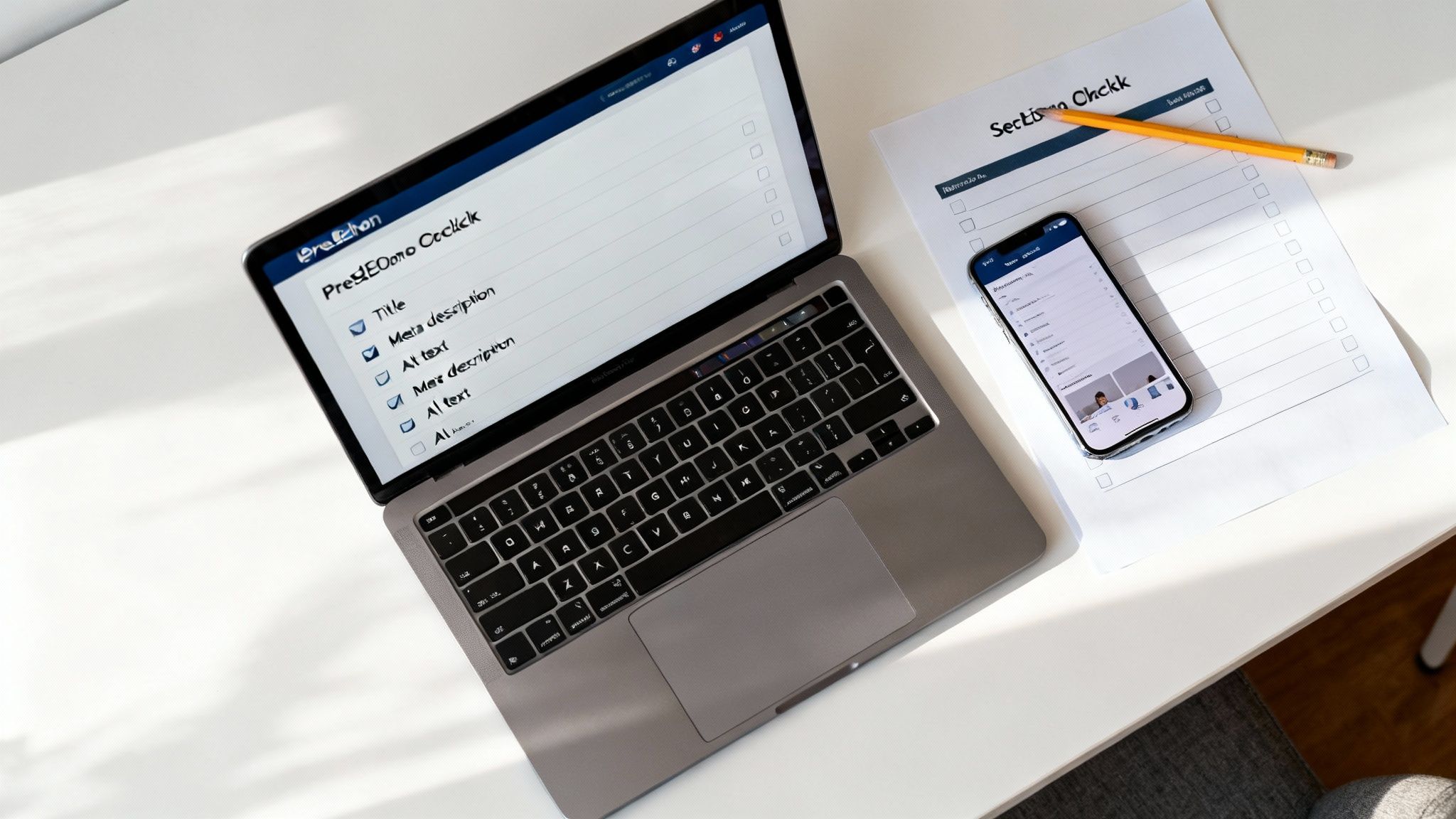 A top-down view of a modern workspace with a laptop, smartphone, and paper checklist.