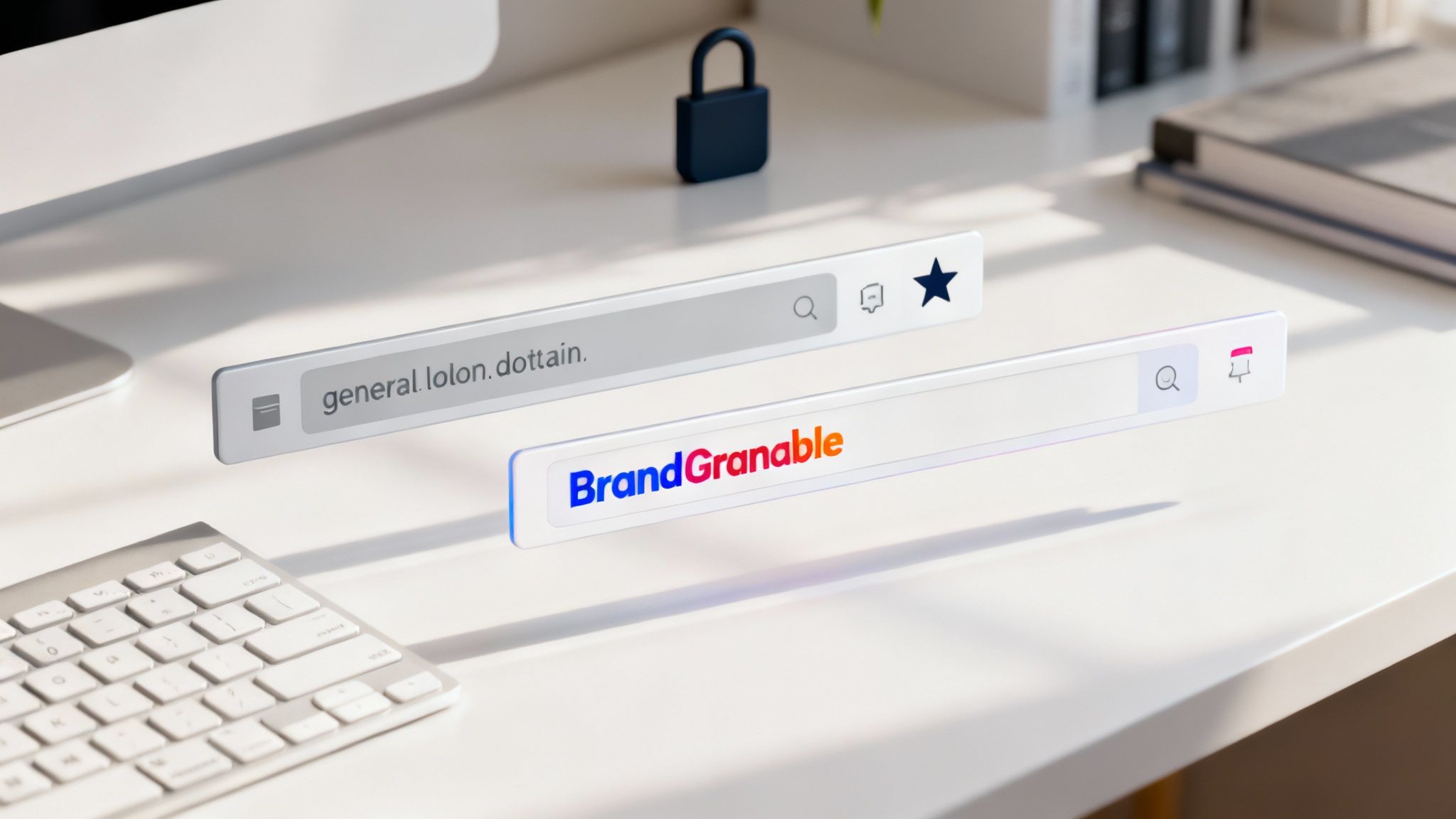 Stylized illustration showing a person choosing a domain name on a laptop screen