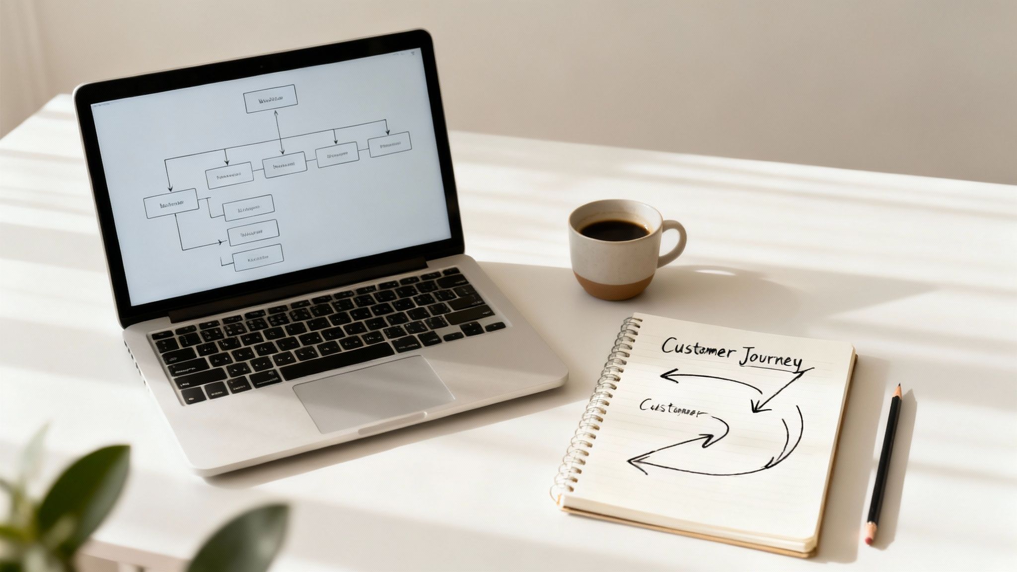 A laptop showing a business flowchart, a coffee cup, and a notebook with a 'Customer Journey' diagram on a white desk.