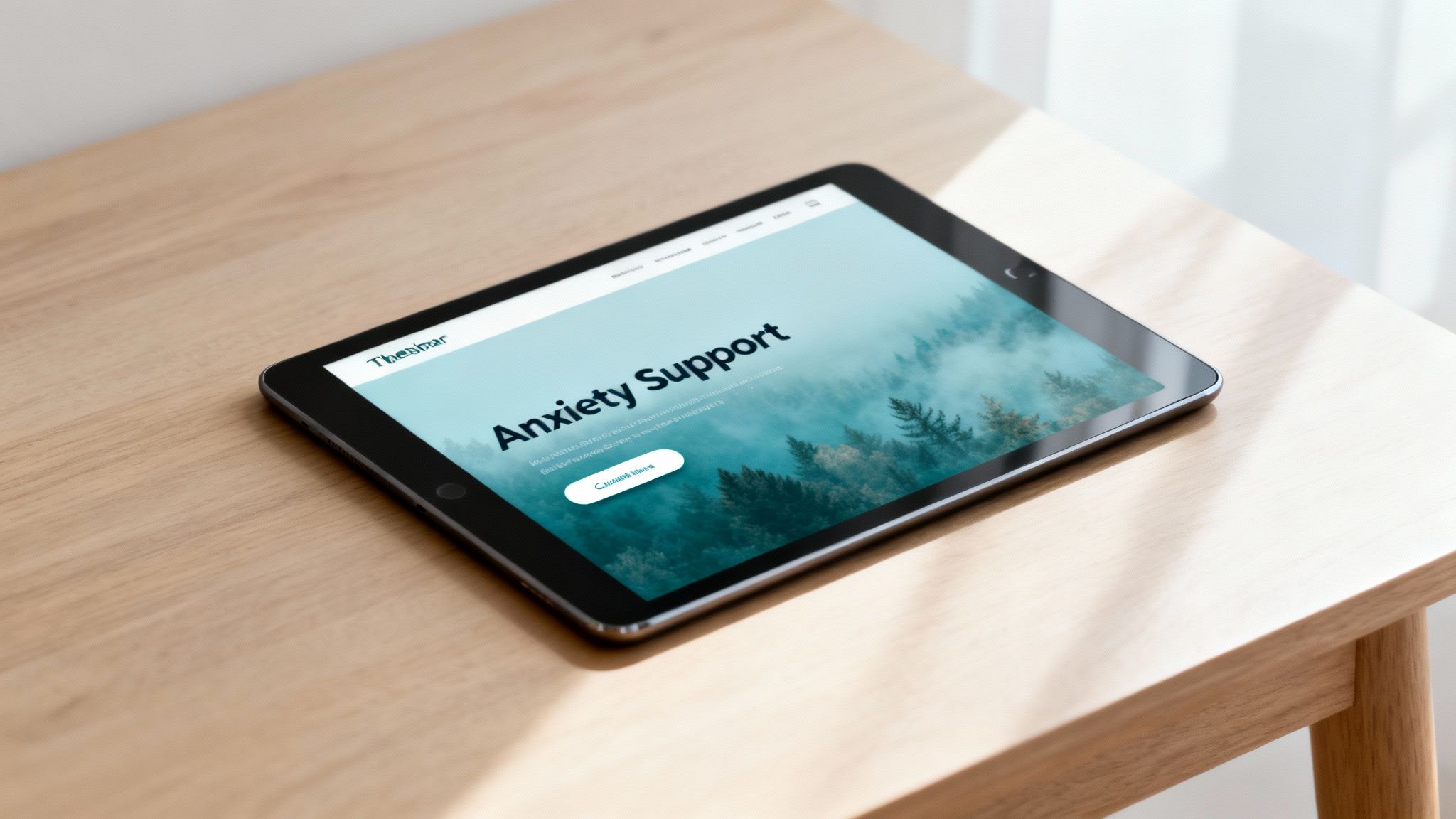 A black tablet on a light wooden table displaying a website titled 'Anxiety Support' with a misty forest background.